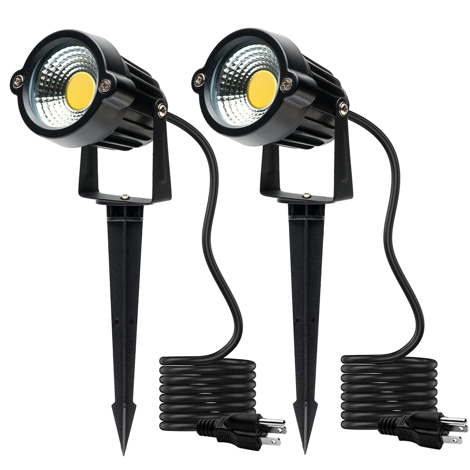 5W 3000K Warm White LED Landscape Spot Lights with Spiked Stand - Waterproof Outdoor Spotlight for Yard, House, Lawn Decoration - US 3-Prong Plug (2 Pack) - Perfect for Garden Pathways, Tree Uplighting & Architectural Accents
