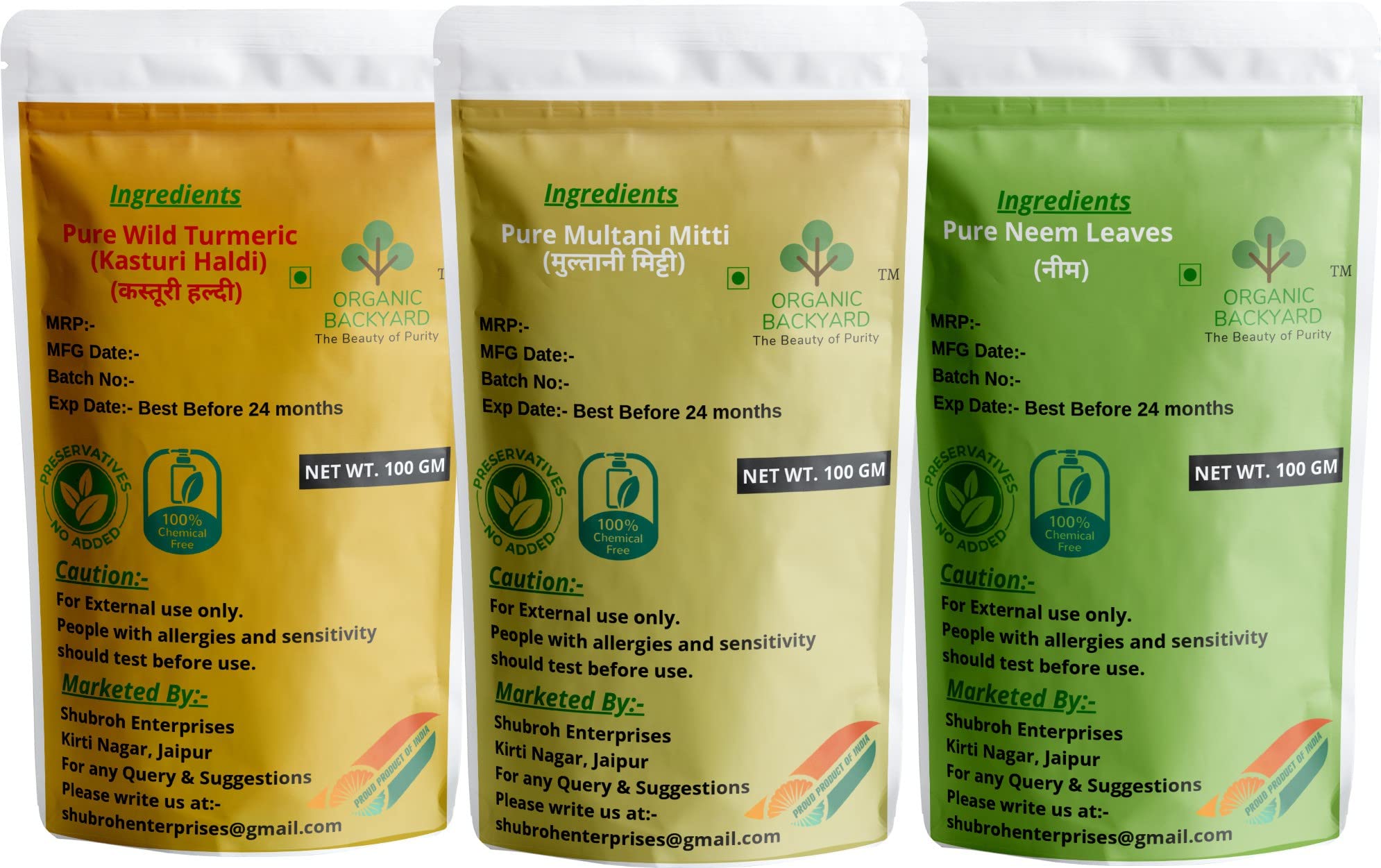 Organic Neem, Wild Turmeric (Kasturi Haldi), and Multani Mitti Powder Combo - 100% Natural Face Care Treatment (100g Each) - Brighten Skin, Reduce Acne & Glow - Perfect for DIY Face Masks & Ayurvedic Beauty Routines