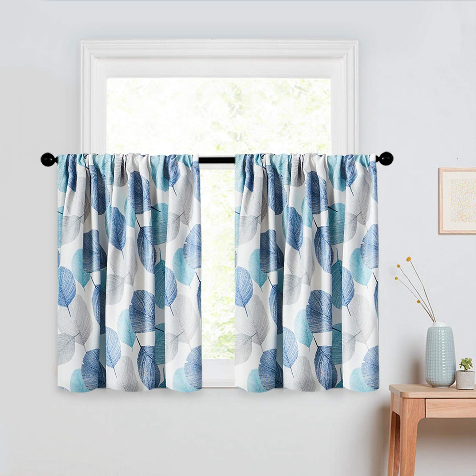 MRTREES Blackout Kitchen Curtains - Leaf Print Cafe Curtains for Small Windows, 34x24 Inch Rod Pocket Window Tiers (Set of 2 Panels, Blue) - Perfect for Bedrooms, Bathrooms & Kitchen Privacy