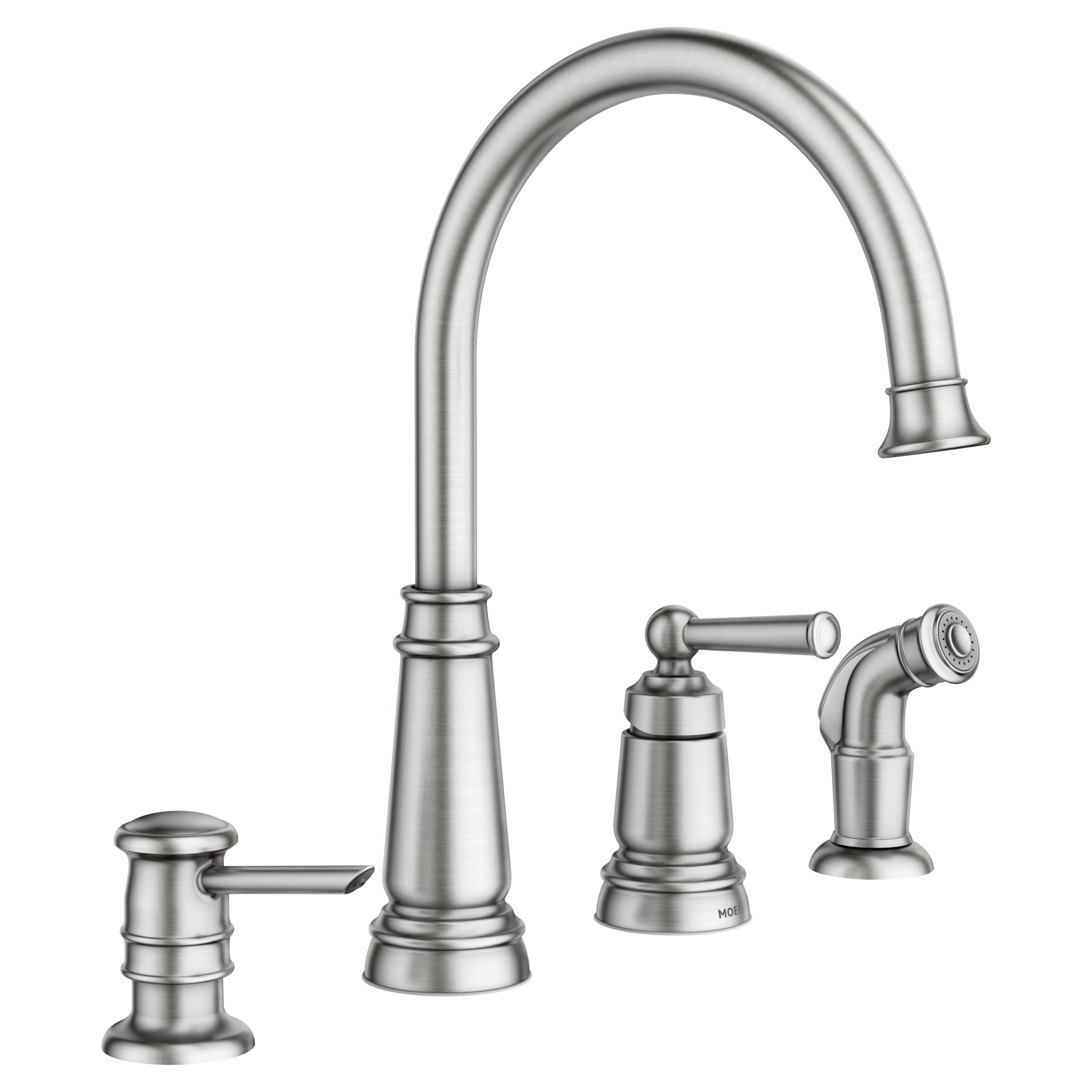 Moen 87042SRS Spot Resist Stainless Steel One-Handle High Arc Kitchen Faucet with Side Sprayer & Soap Dispenser - 4 Hole Installation for Modern Kitchens | Perfect for Cooking, Washing Dishes & Food Prep