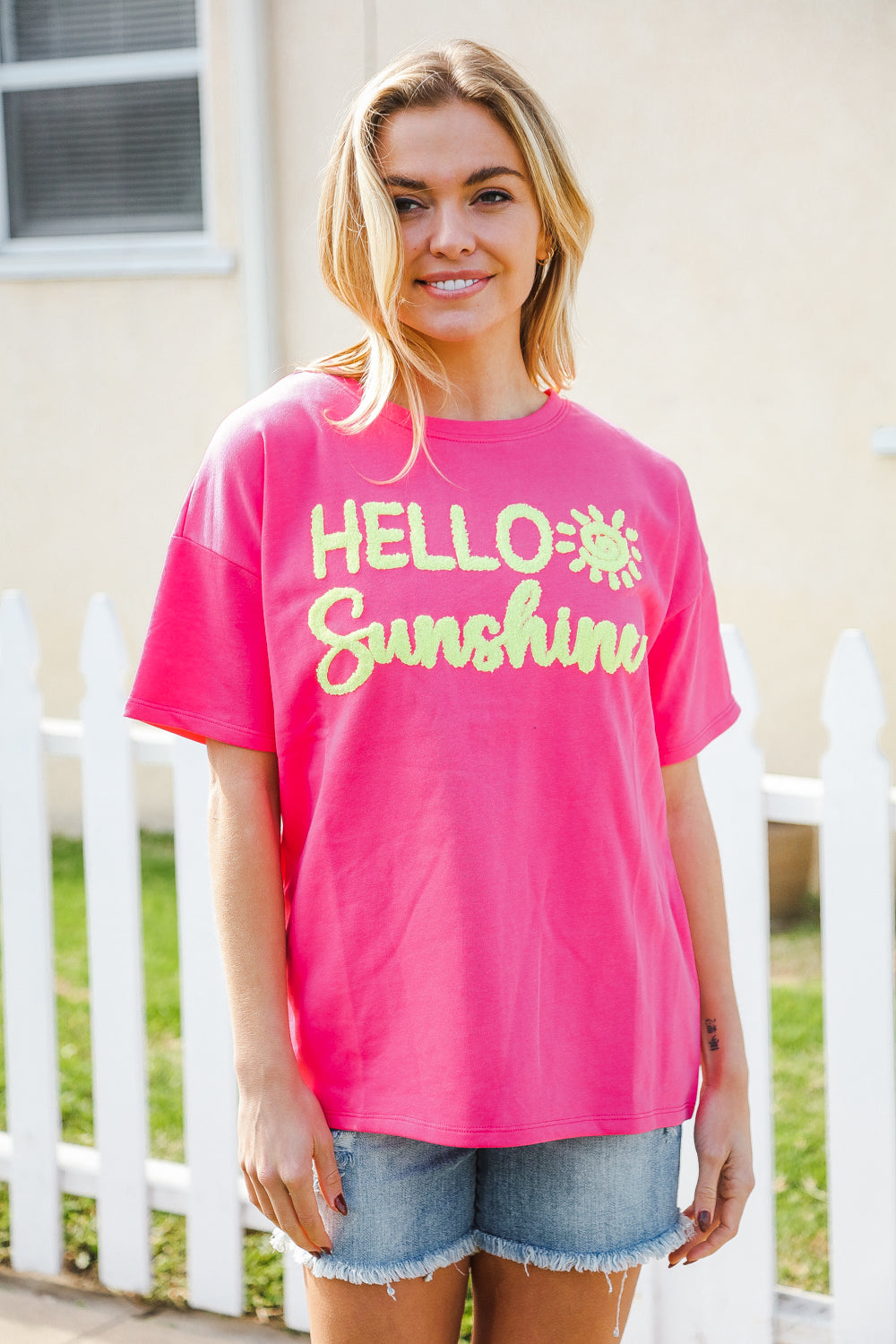 Hello Sunshine Pink and Yellow Embroidered French Terry Pullover Sweatshirt - Cozy Casual Wear for Women