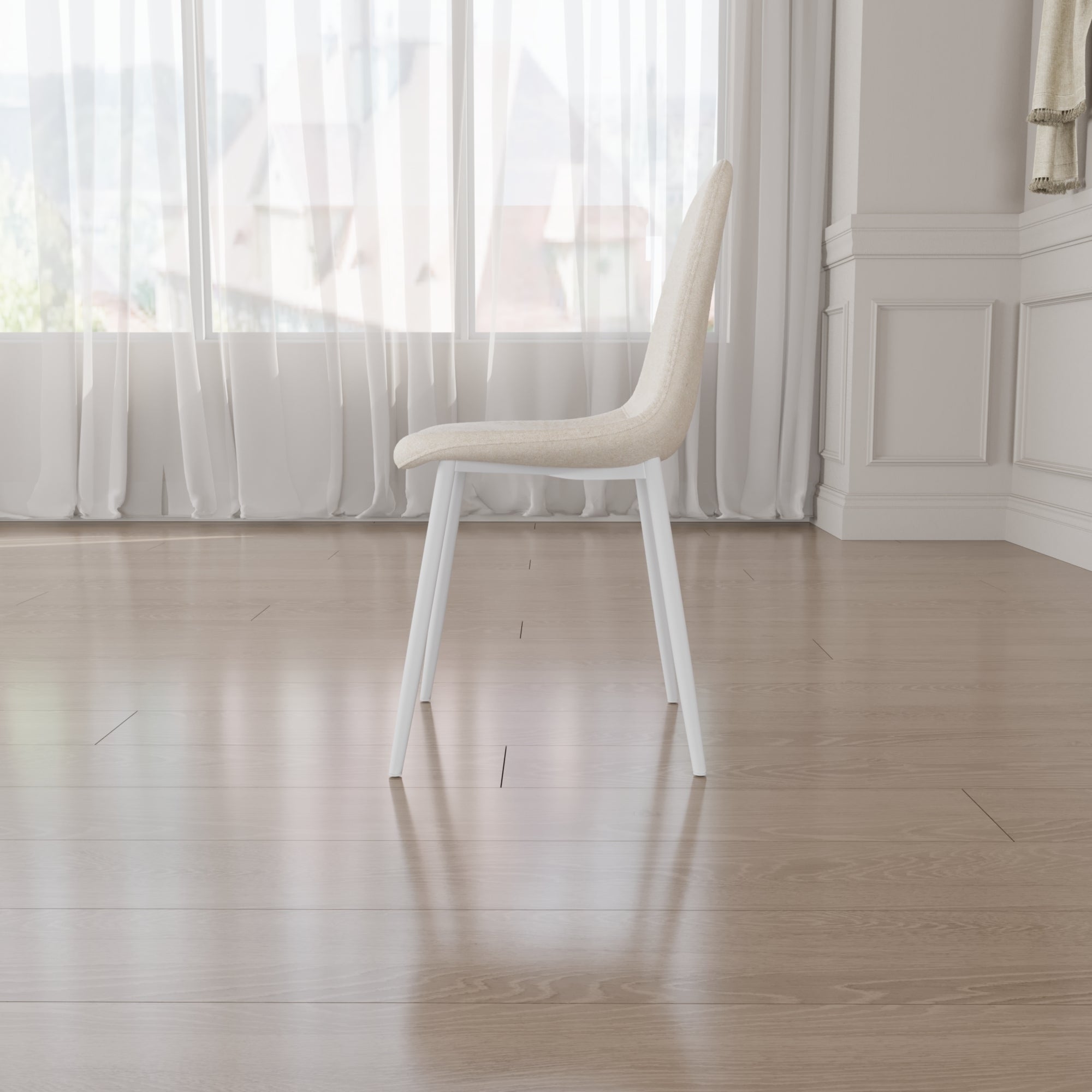 Modern Dining Chair Set of 4 - Linen Upholstered Spoon Back Accent Chairs with White Metal Legs for Kitchen & Dining Room - Beige | Perfect for Home Decor, Small Spaces & Entertaining Guests