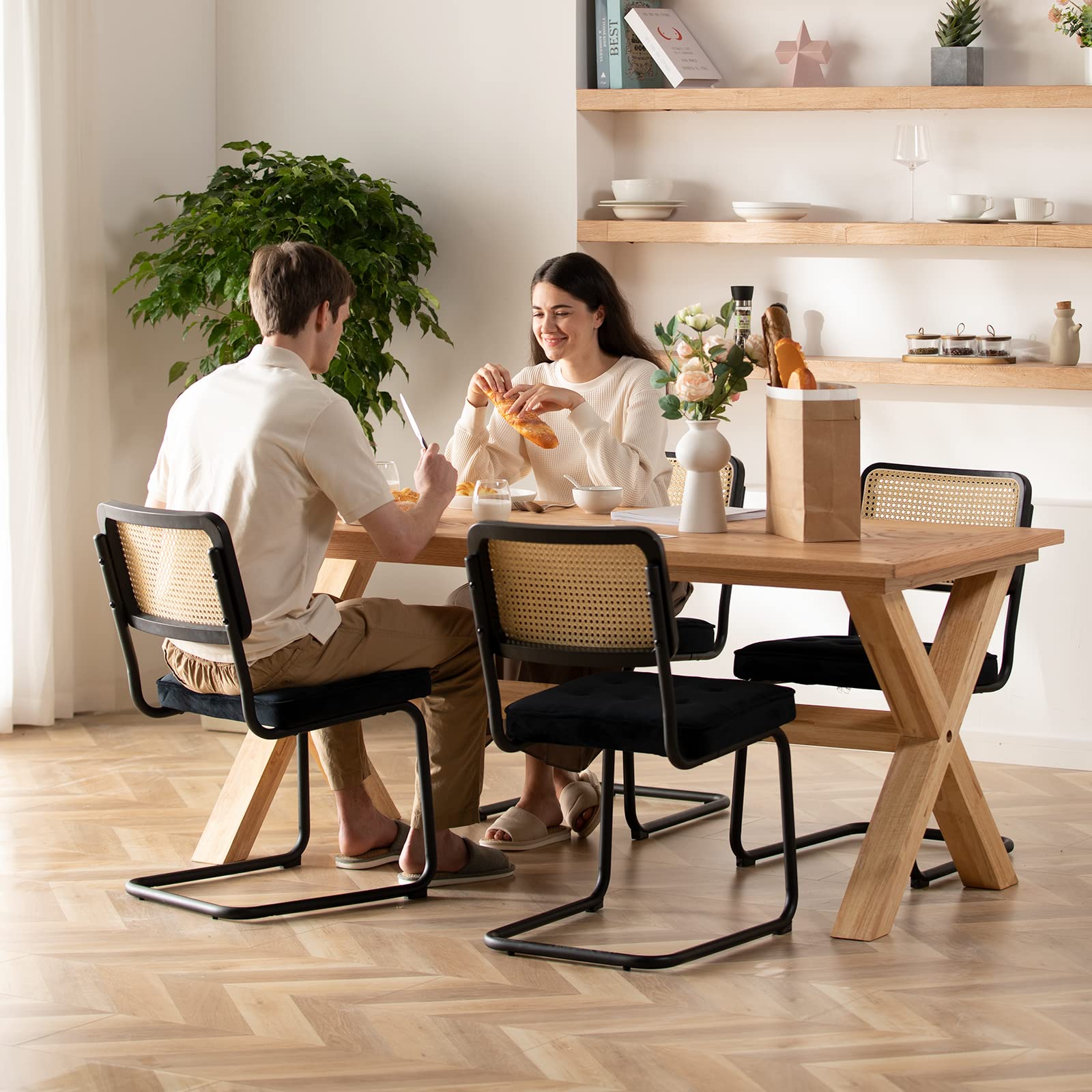 COLAMY Mid Century Modern Dining Chairs Set of 4 - Velvet Upholstered Rattan Chairs with Chrome Metal Legs for Kitchen, Dining Room, Living Room | Elegant Home Decor for Entertaining & Daily Use