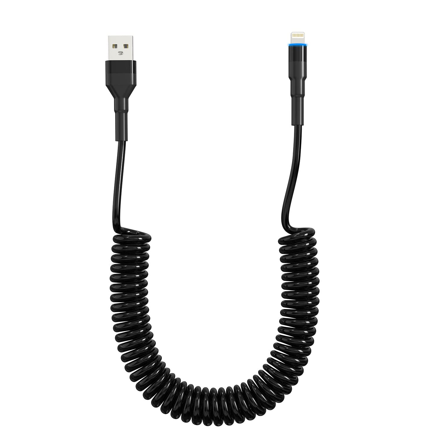 MFi Certified Coiled Lightning Cable - Apple CarPlay Compatible Retractable iPhone/iPad/iPod Charger with Fast Data Sync & LED Light - Short Car Charger Cord for Road Trips & Daily Commutes