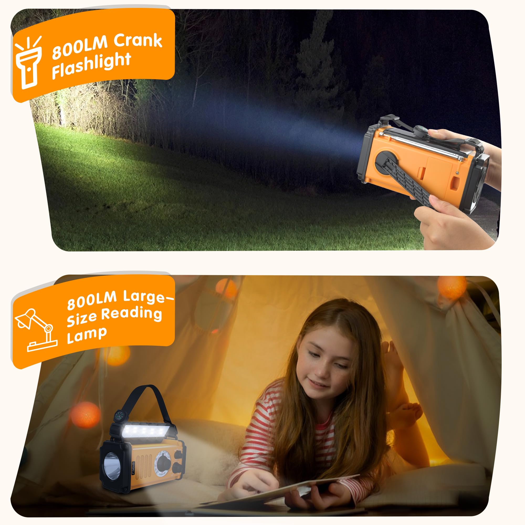 13000mAh Solar Emergency Weather Radio - NOAA/AM/FM Portable Survival Radio with Hand Crank, USB Phone Charger, Flashlight & Reading Lamp - Perfect for Hurricane, Camping, Hiking and Power Outages