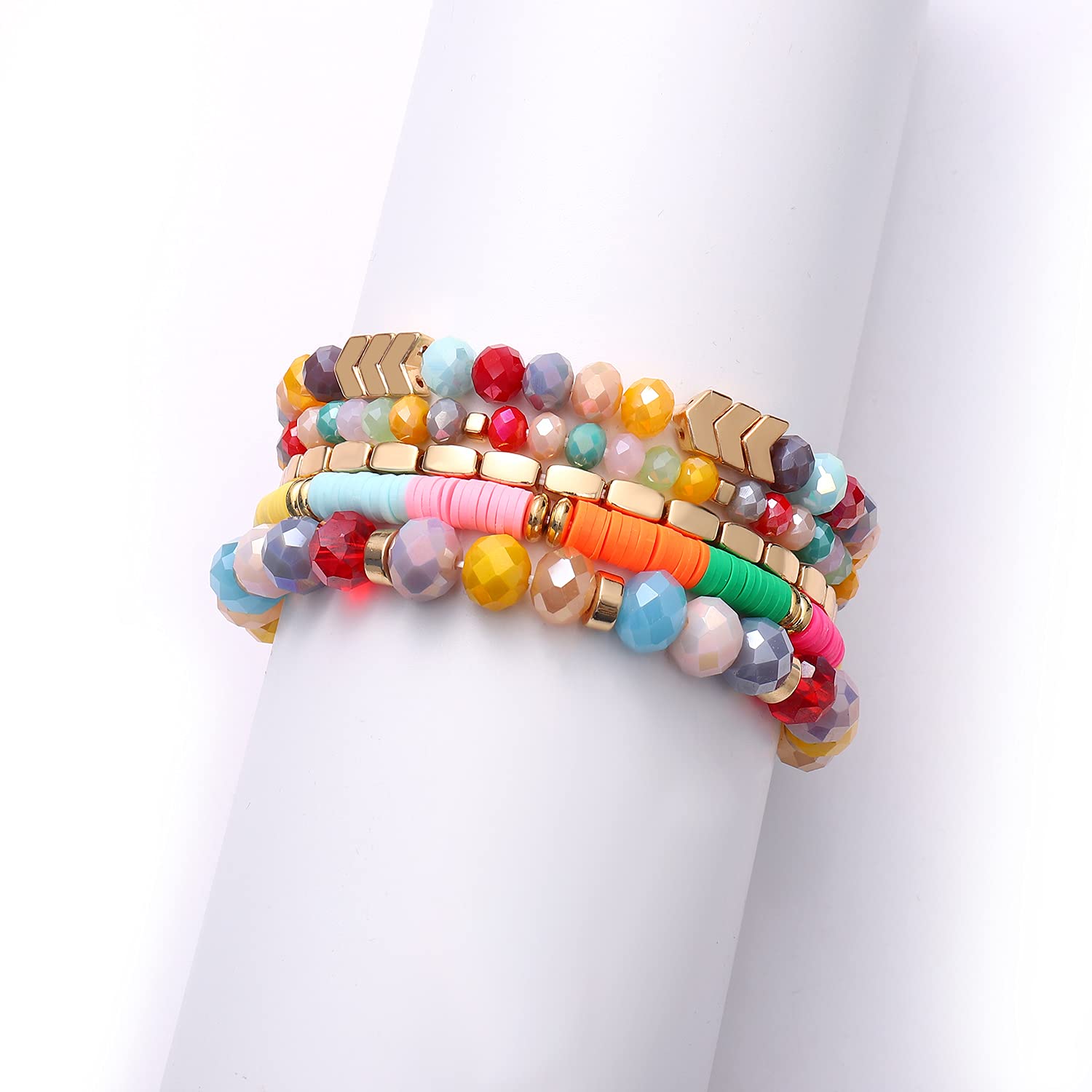 ANGLESJELL Beaded Stretch Bracelets for Women - Multilayered Colorful Crystal Heishi Bead Boho Bracelet Set | Stackable Summer Beach Jewelry | Perfect for Surfer Gifts, Boho Fashion & Festival Accessories