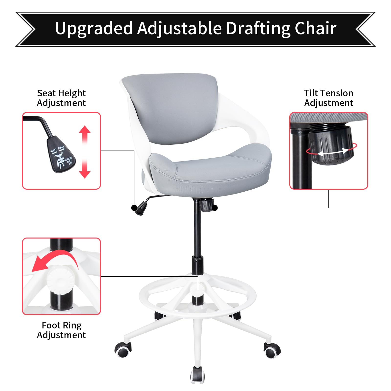 Ergonomic Drafting Chair with Lumbar Support & Foot Ring - Adjustable Swivel Task Chair for Standing Desks & Office Work - Grey - Perfect for Architects, Designers & Long Hours at Computer