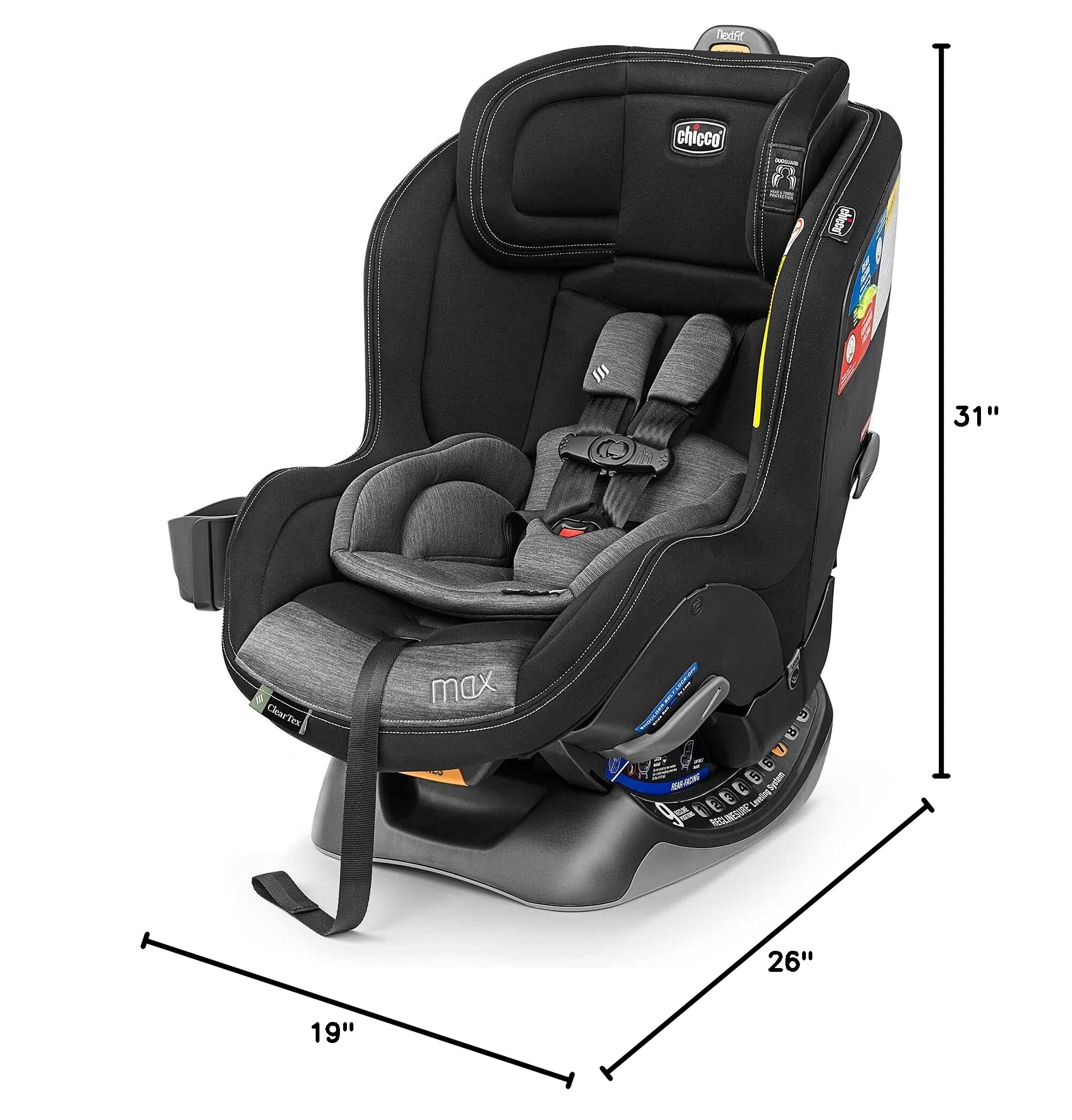 Chicco NextFit Max ClearTex Convertible Car Seat - Rear Facing 4-50 lbs & Forward Facing 22-65 lbs - Premium Infant & Toddler Safety Seat for Travel | Shadow Black | Ideal for Road Trips, Daily Commutes & Family Adventures