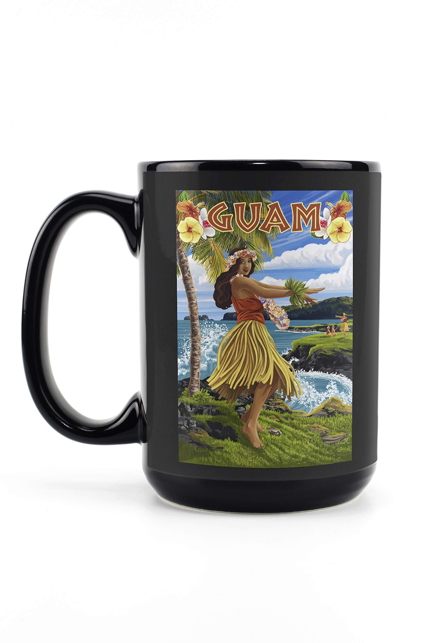 Lantern Press Guam Hula Girl on Coast - 15oz Black Ceramic Coffee & Tea Mug, Dishwasher & Microwave Safe - Perfect for Home, Office & Hawaiian Themed Gifts