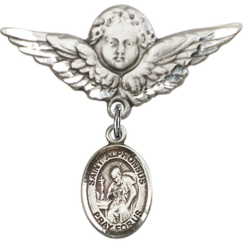 St. Alphonsus Sterling Silver Baby Badge with Angel Wing Charm - 1 1/8 Inch Religious Pin for Christening, Baptism & First Communion Gifts