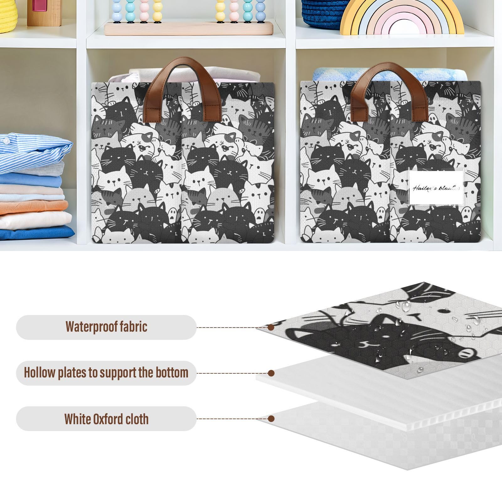 Cute Cartoon Animal Cat Fabric Storage Baskets with Handles - 2 Pack Organizing Bins for Clothes, Toys & Home Decor | Perfect for Closet, Nursery & Bedroom Organization