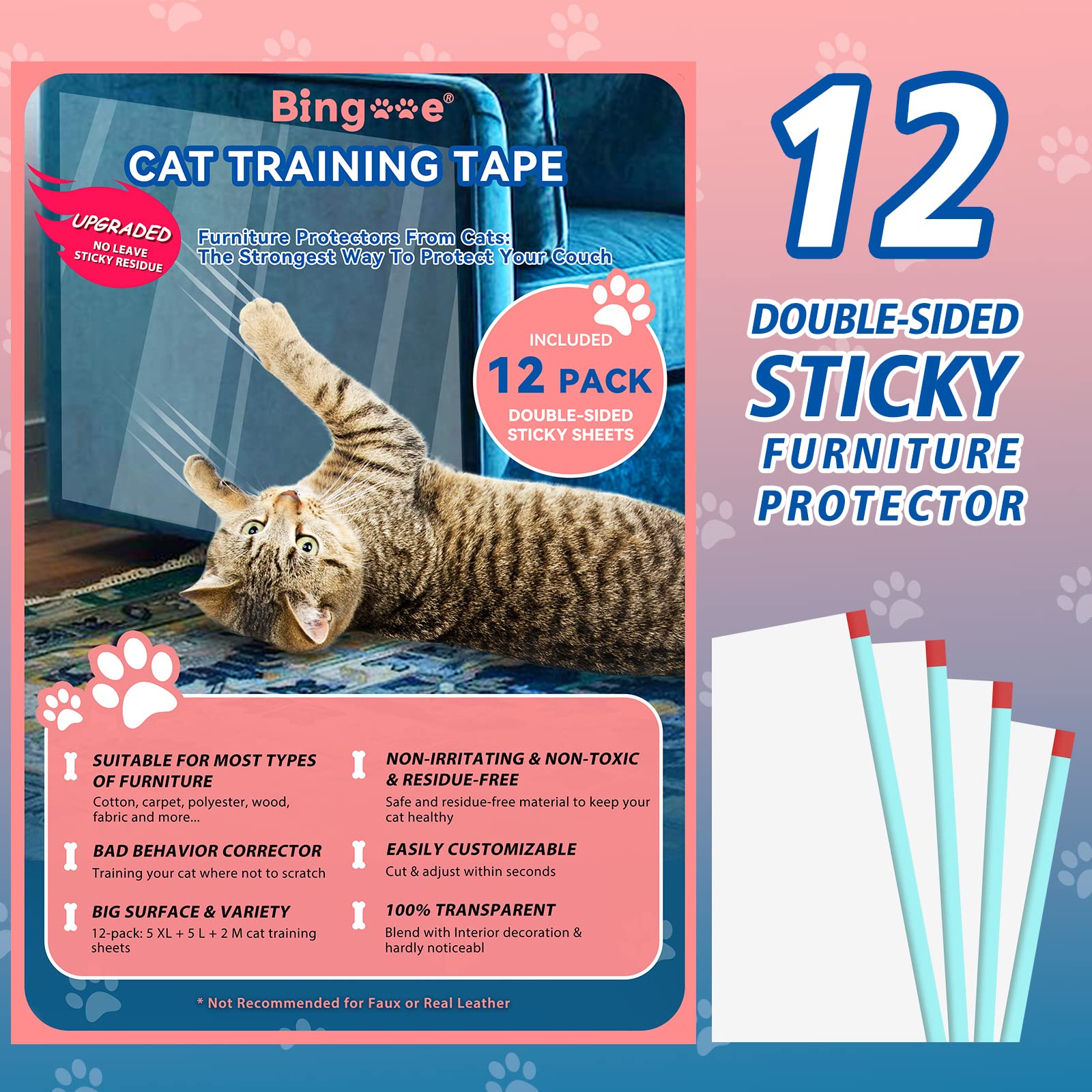 12-Pack Extra Large Cat Scratch Furniture Protectors - Double-Sided Sticky Tape for Sofa, Couch & Corners | Anti-Scratching Training Deterrent for Cats | Perfect for Pet Owners to Protect Leather & Fabric Furniture