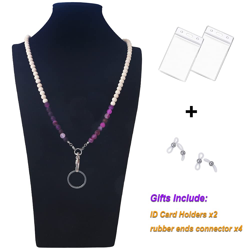 Wooden Beaded Lanyard for ID Badges & Keys - Natural Stone Necklace for Women - Office & Event Use