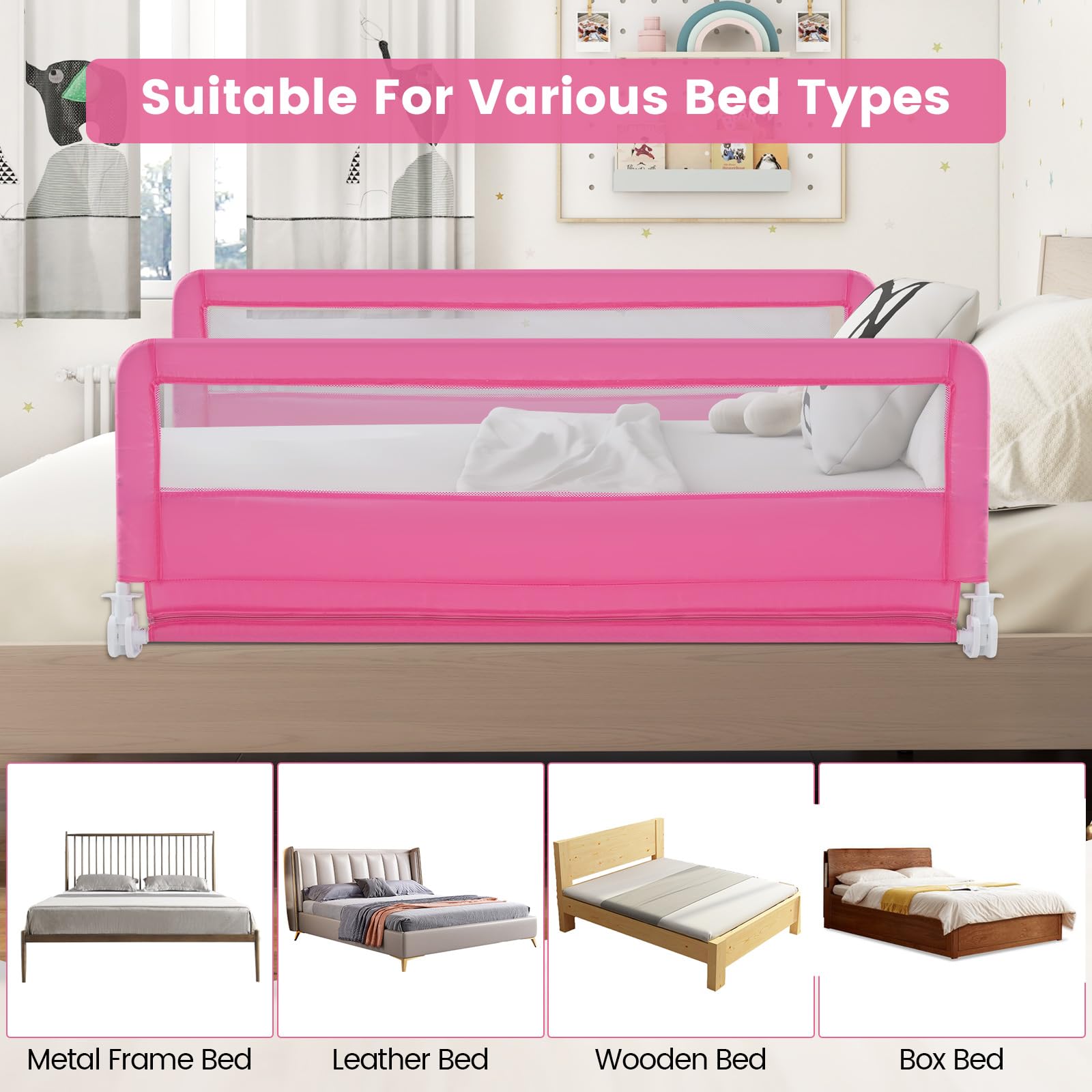 **HONEY JOY 59-inch Extra Long Toddler Bed Rail – Portable Safety Guardrail with Double Child Lock, Foldable Baby Bed Rail for King, Queen, Full & Twin Mattresses (Pink, 2 Pack) – Perfect for Travel, Daycare & Home Safety**