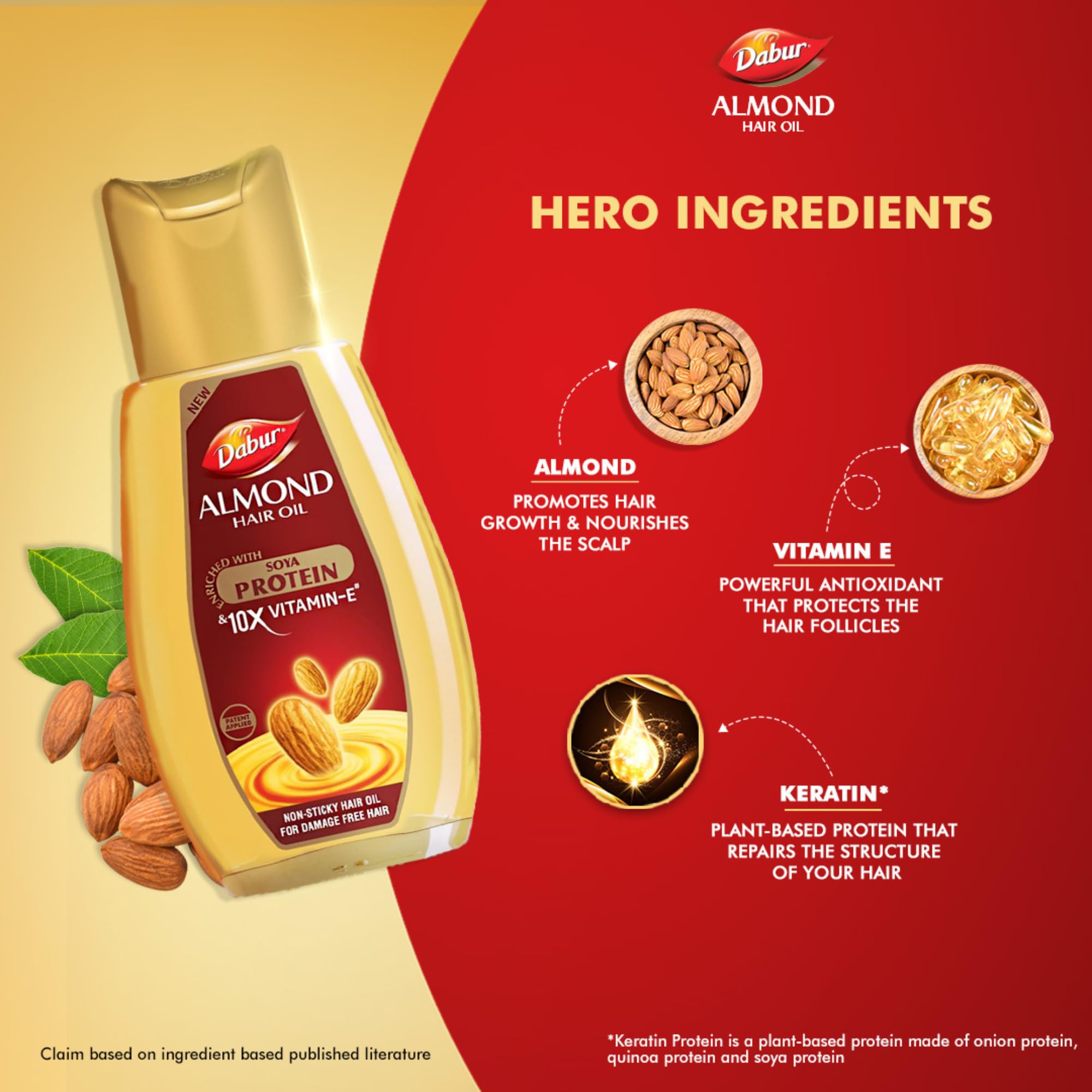Dabur Almond Hair Oil - 500ml | Damage Protection & Non-Sticky Formula | Soft & Shiny Hair Treatment | Enriched with Almonds, Keratin Protein, Soya Protein & 10X Vitamin E | Perfect for Daily Hair Care, Scalp Massage & Split Ends Repair