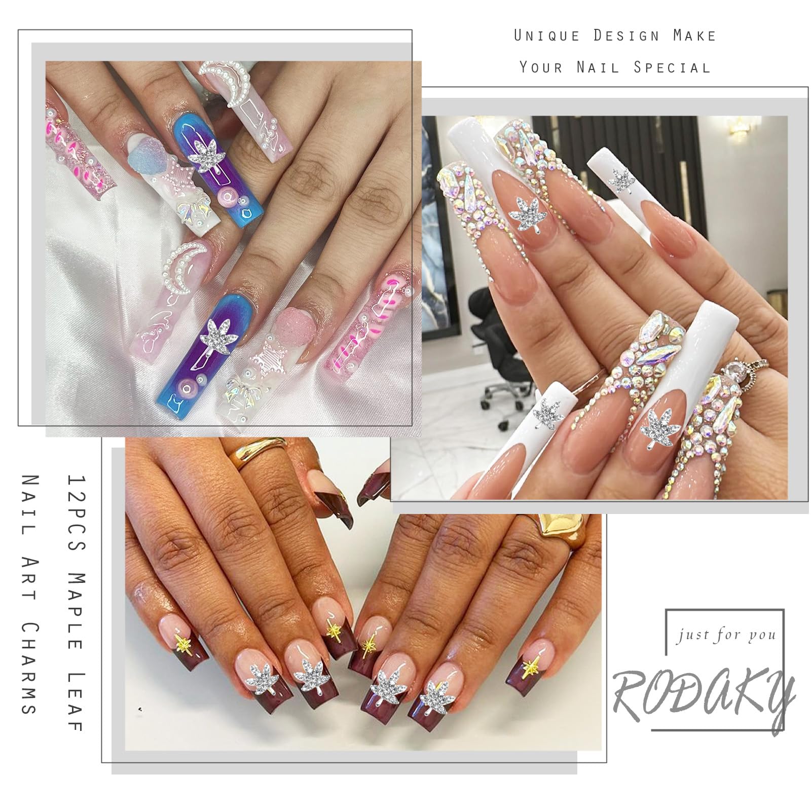 RODAKY 12PCS Silver Maple Leaf Nail Charms - 3D Rhinestone Glitter Nail Art Gems for Manicure, DIY Nail Designs & Nail Decoration | Perfect for Fall Nail Art, Wedding Nails, and Holiday Nail Crafts
