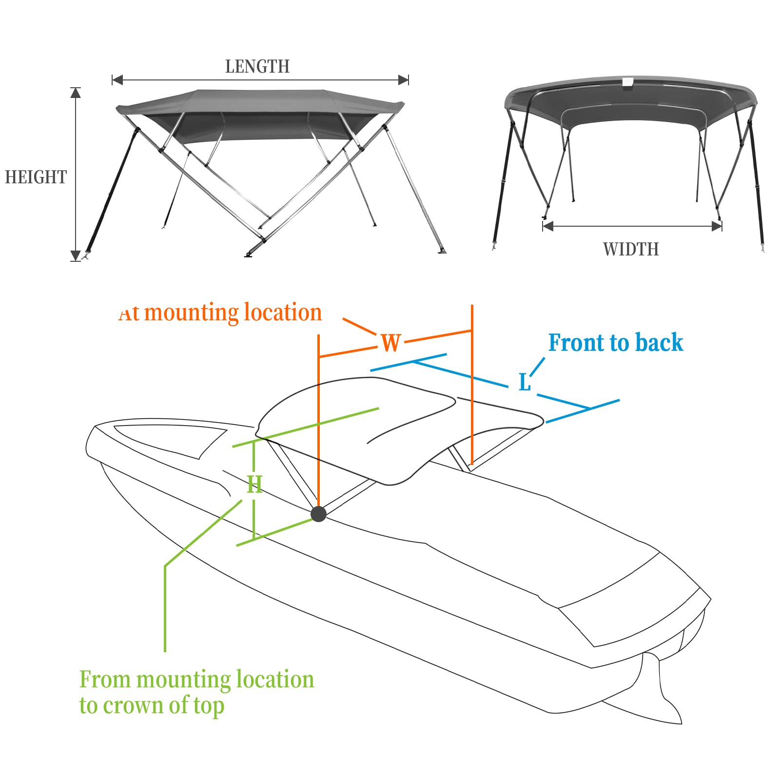 GARVEE 4 Bow Bimini Top Boat Cover - 8ft x 73in x 78in - 1 Inch Aluminum Alloy Frame with PU Coating Canvas | Includes 2 Straps, 2 Adjustable Rear Support Poles & Zippered Storage Boot | UV Protection Waterproof Boat Canopy for Pontoon, Fishing & Leisure Boats