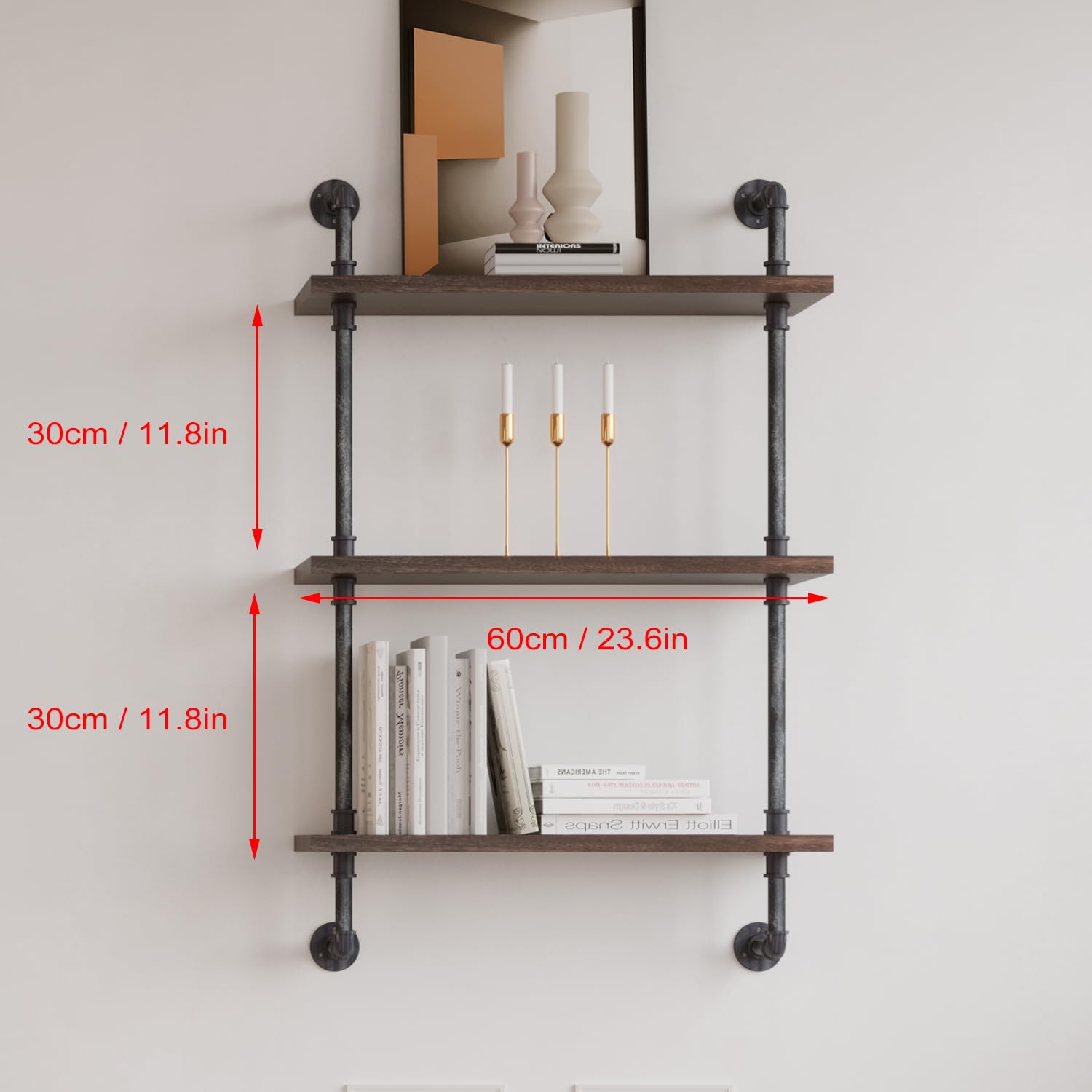 Industrial Pipe Shelf - Rustic Floating Shelves with Wood Plank, Farmhouse Kitchen Bar Shelving for Wall - 3-Tier 24 Inch Wooden Shelf for Bedroom, Living Room, Bathroom & Home Office - Perfect for Storage, Display and Organization