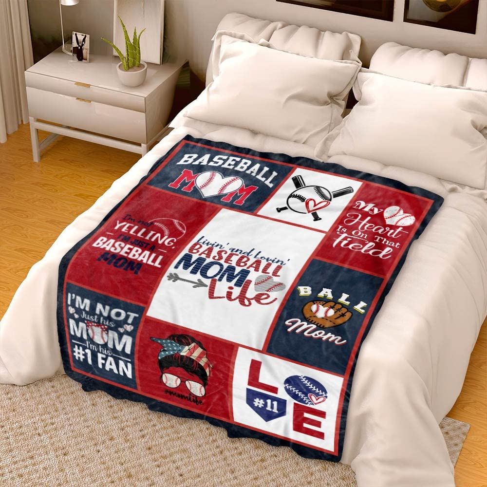Custom Baseball Mom Life Messy Bun Throw Blanket - Personalized Number Soft Fleece Blanket for Women | Perfect Gift for Baseball Loving Moms on Mother's Day, Birthday & Christmas | Cozy Home Decor for Game Nights & Lounging