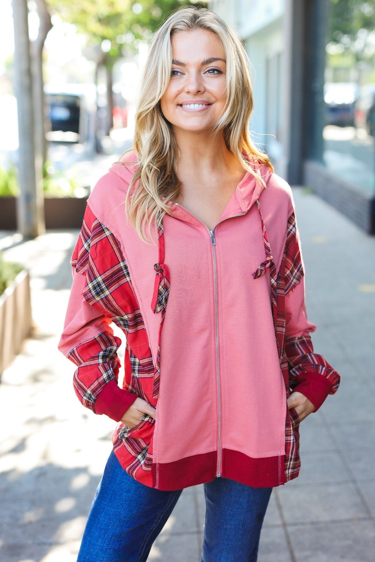 Stylish Marsala Plaid Color Block Zipper French Terry Hoodie for Women | Cozy Fall & Winter Outerwear | Perfect for Casual Outings, Lounge Wear and Street Fashion
