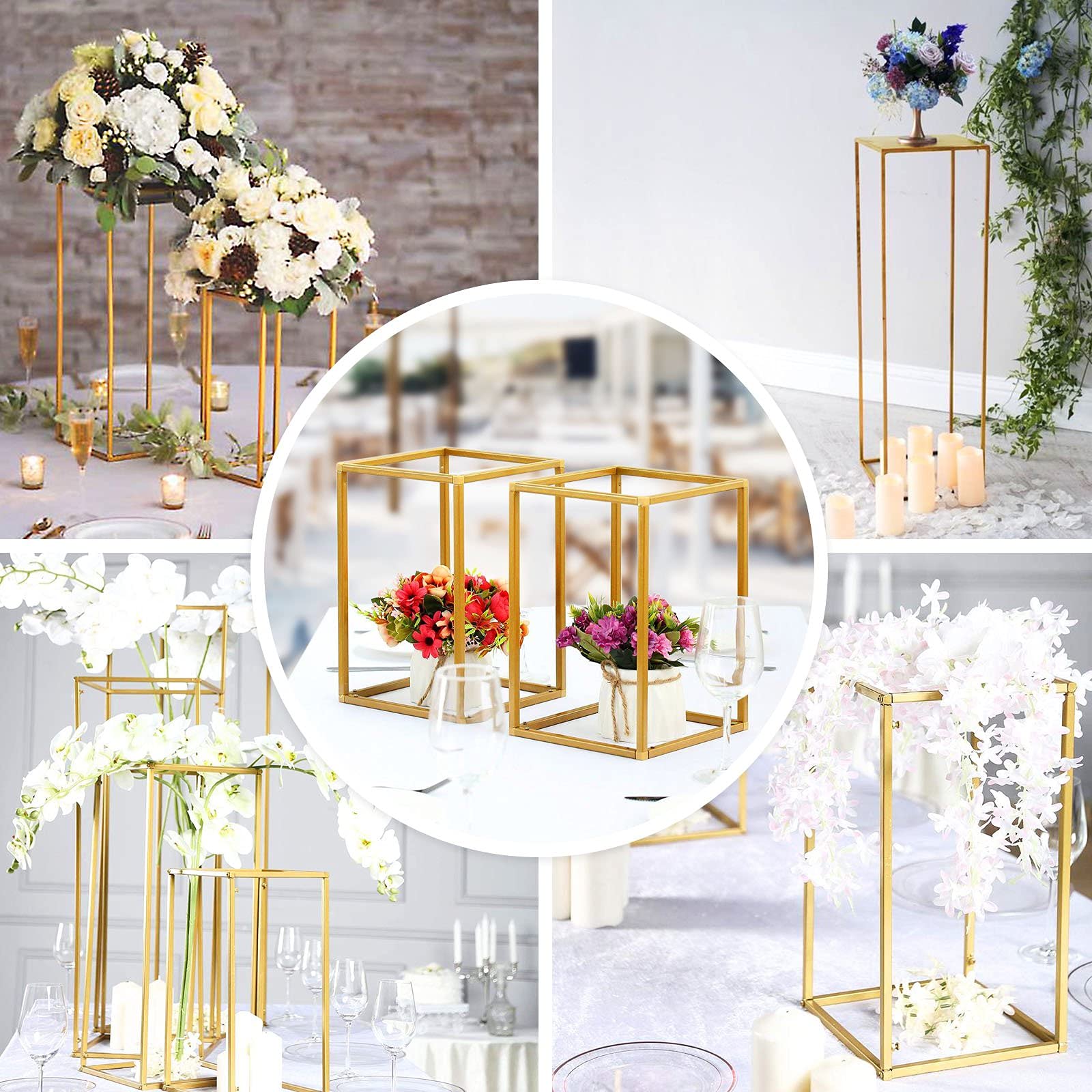2-Pack Gold Wedding Flower Stand - 48 Inch Metal Vase Column Stand with Geometric Design for Floral Arrangements - Elegant Floor Vase & Rectangle Centerpiece for Weddings, Parties, Home Decor and Events