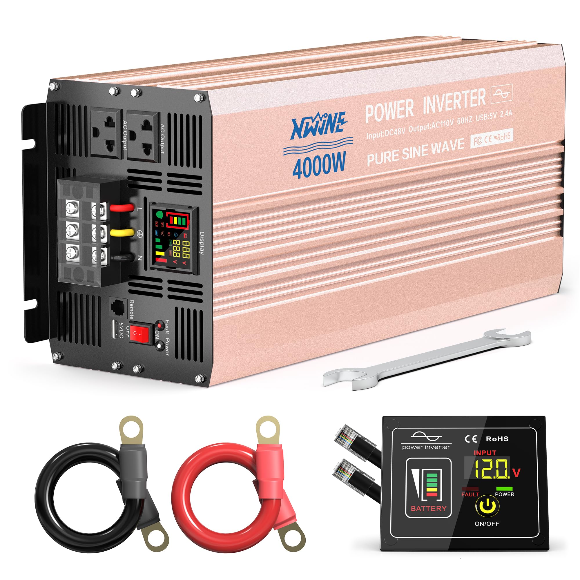 4000W Pure Sine Wave Power Inverter 48V DC to 120V AC with 8000W Peak, Remote Control, LED Display, 2 USB Ports & 3 AC Outlets - Perfect for RVs, Solar Systems, and Emergency Power Backup