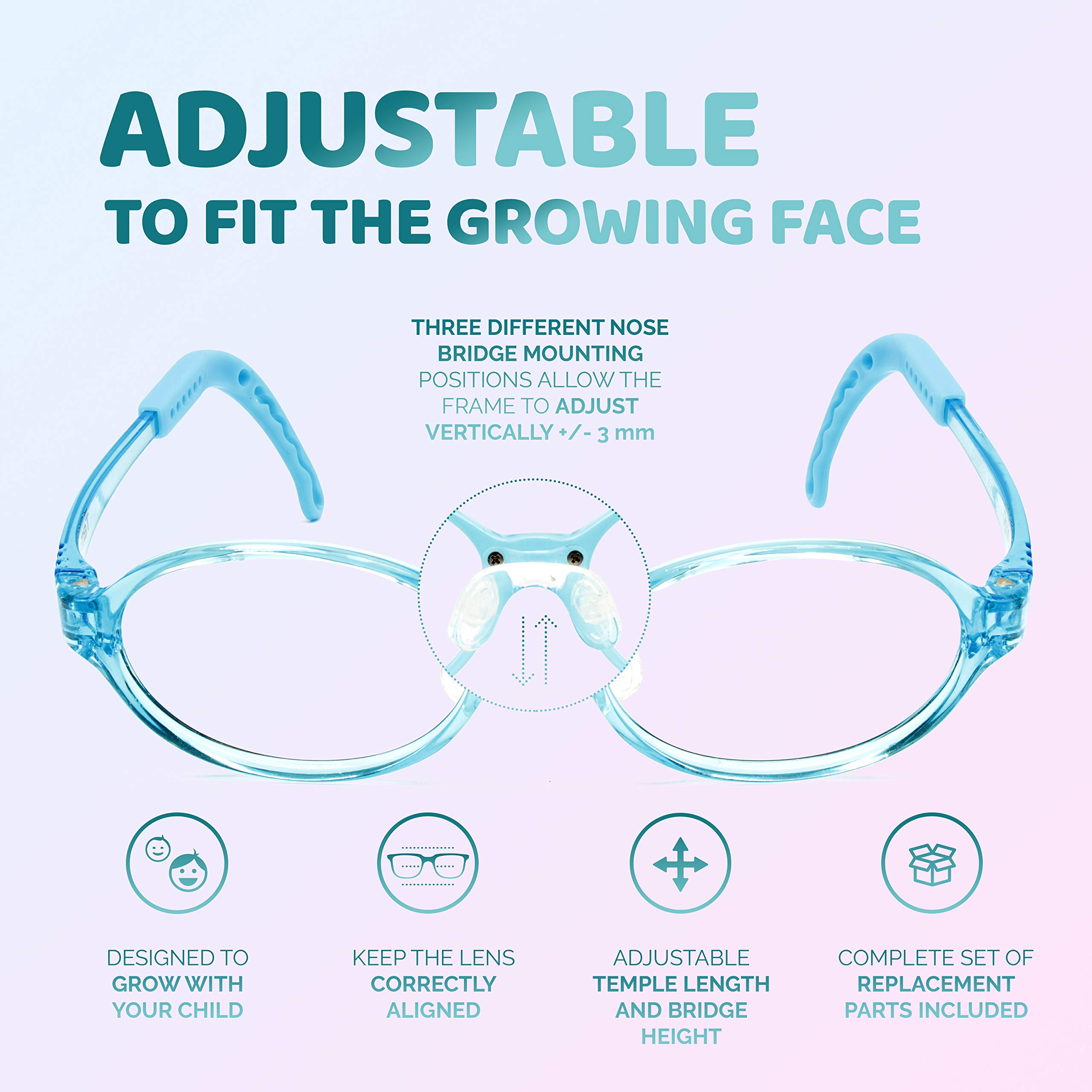 Adjustable Kids Glasses - Prescription Eyeglasses for Children with Flexible Temples & Nose Pads - Trendy & Durable Frames for School, Reading & Outdoor Activities (Model 2002)