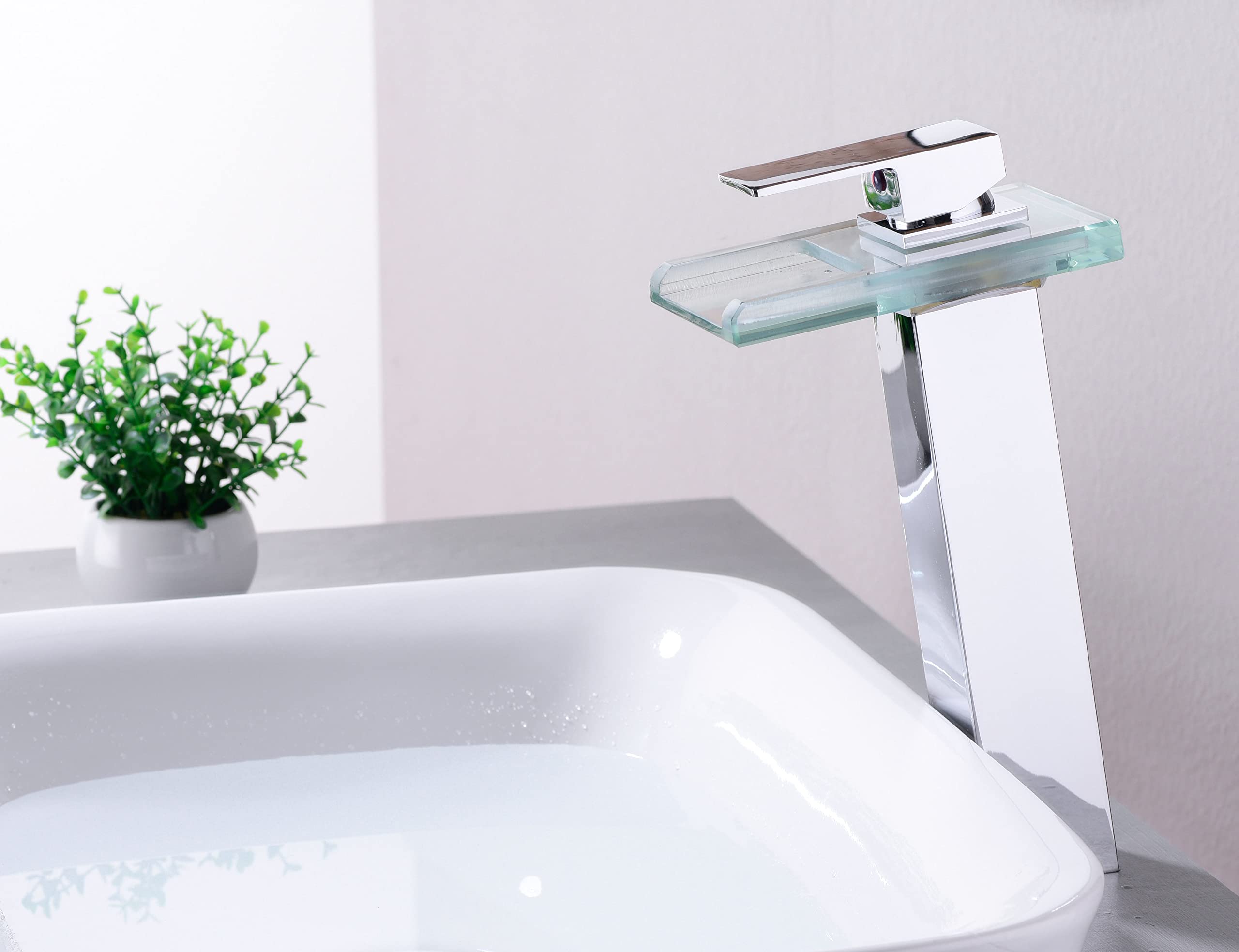 Tall LED Waterfall Bathroom Sink Faucet - Single Handle Brass Vessel Faucet with Open Glass Spout (1 Hole & 2 Supply Lines) - Perfect for Modern Vanities, Luxury Bathrooms & Spa Retreats