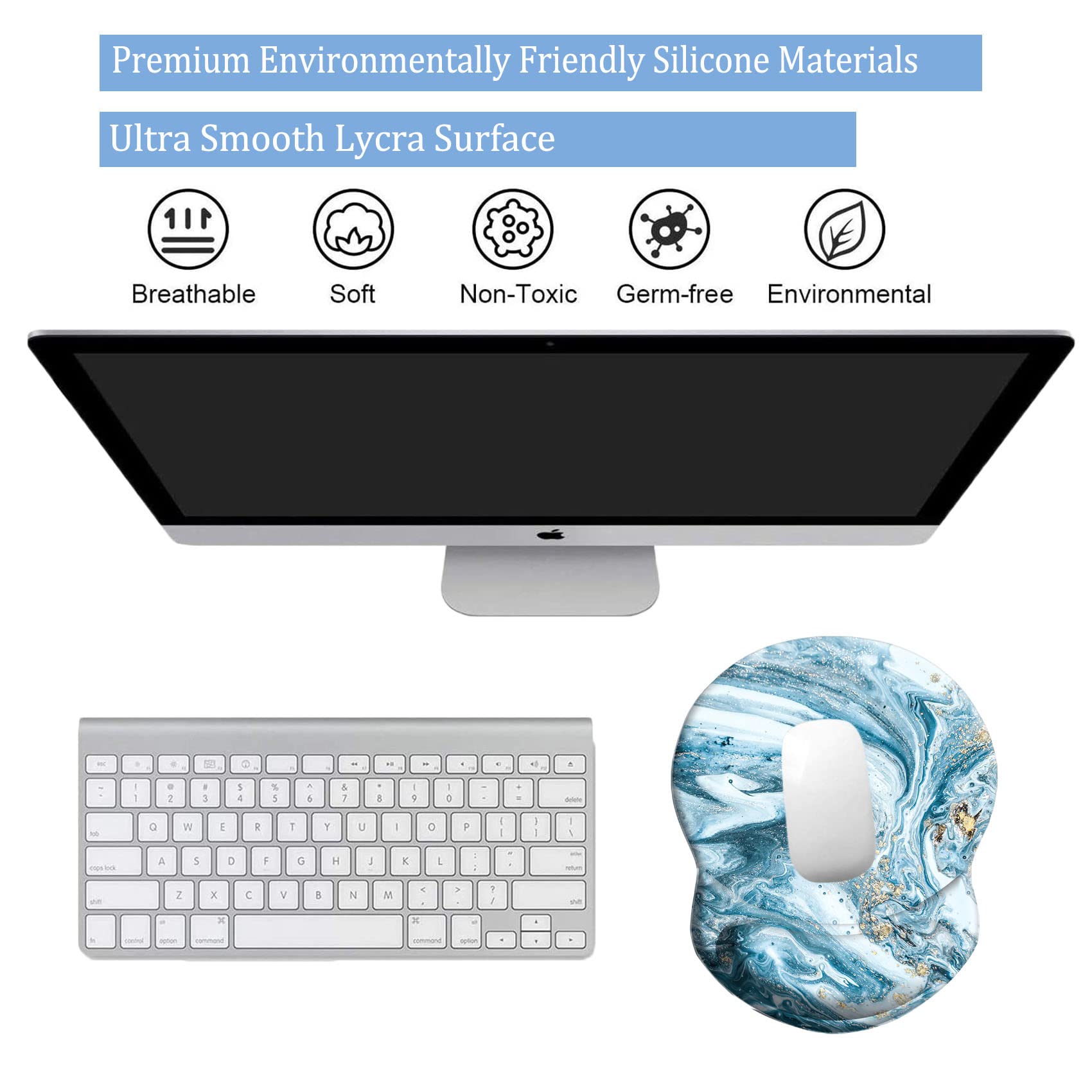 Ergonomic Mouse Pad with Wrist Support - Pain Relief & Comfortable PU Non-Slip Base for Home Office, Work, Study & Gaming - Gold Blue Marble Design for PC & Laptop Users