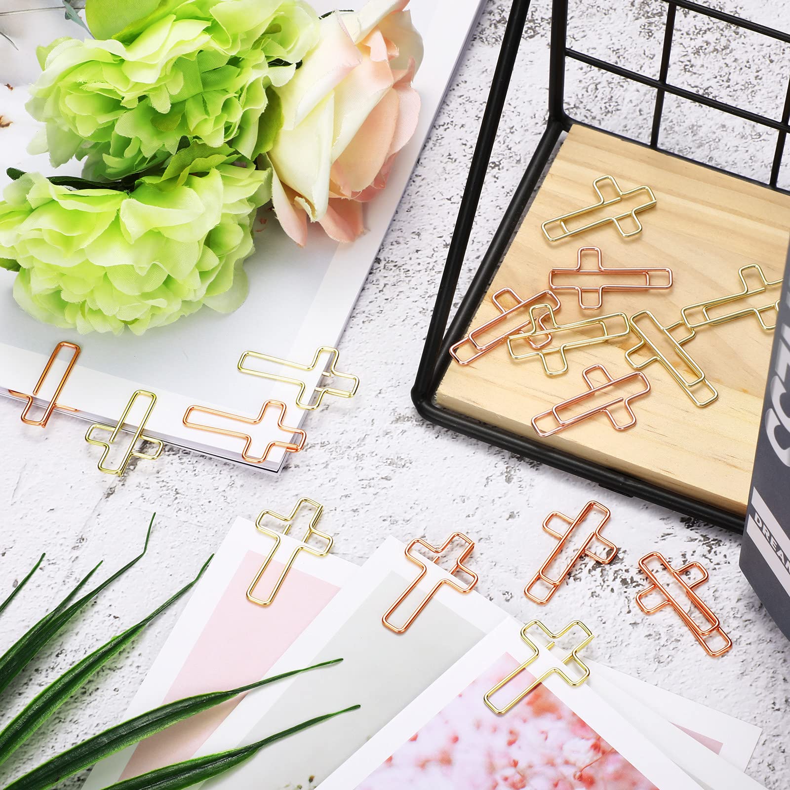 100-Piece Gold & Rose Gold Cross Paper Clips - Metal Office Supplies with Clear Storage Box for Document Organization, Journaling, Note Sorting | Perfect for Office, School, Home & Craft Projects