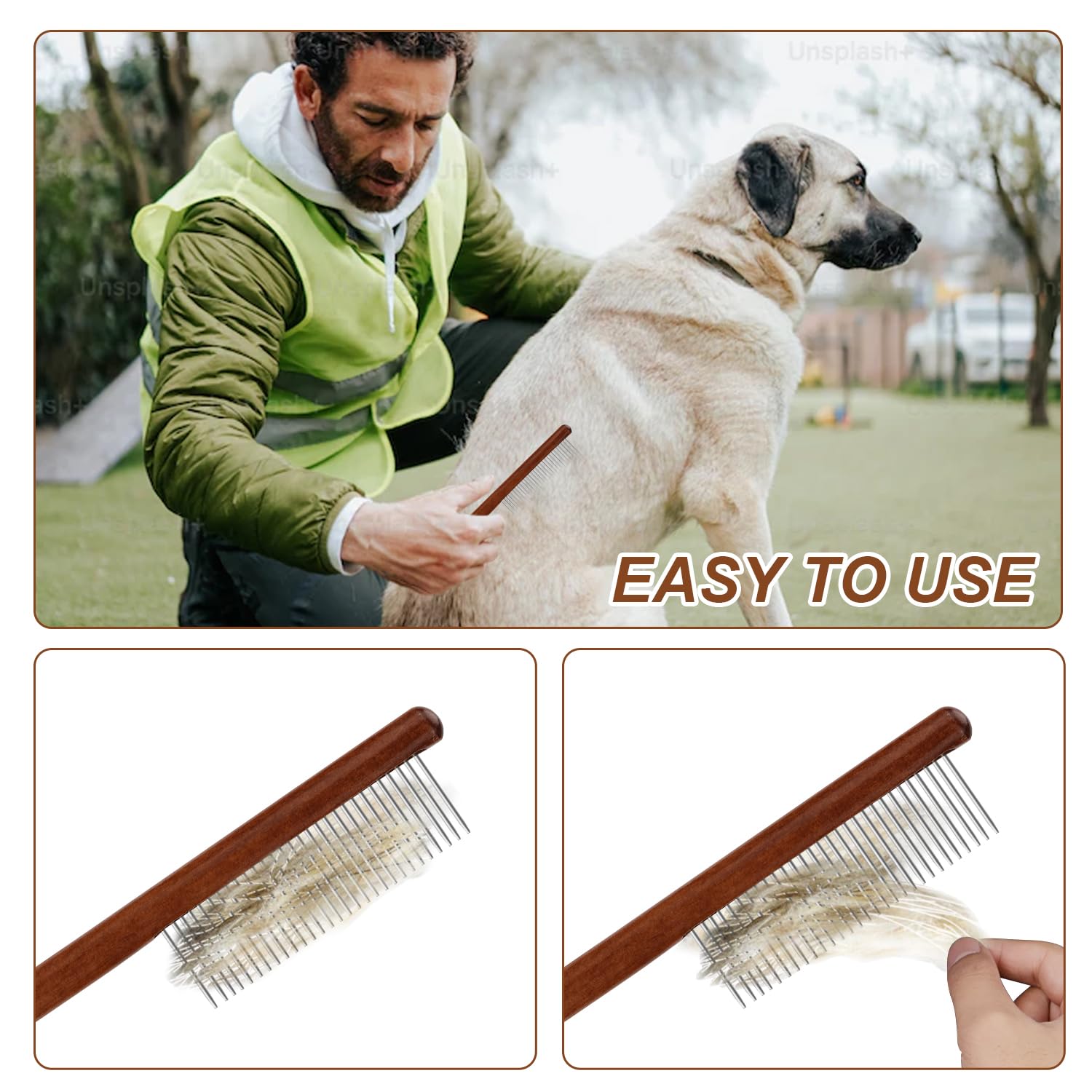3pcs Solid Wooden Pet Grooming Comb Set - Wide & Narrow Rounded-Tip Teeth for Cats, Dogs & Rabbits | Metal Flea & Tick Comb | Detangles Hair (3 Sizes) | Perfect for Home Grooming & Pet Salon Use
