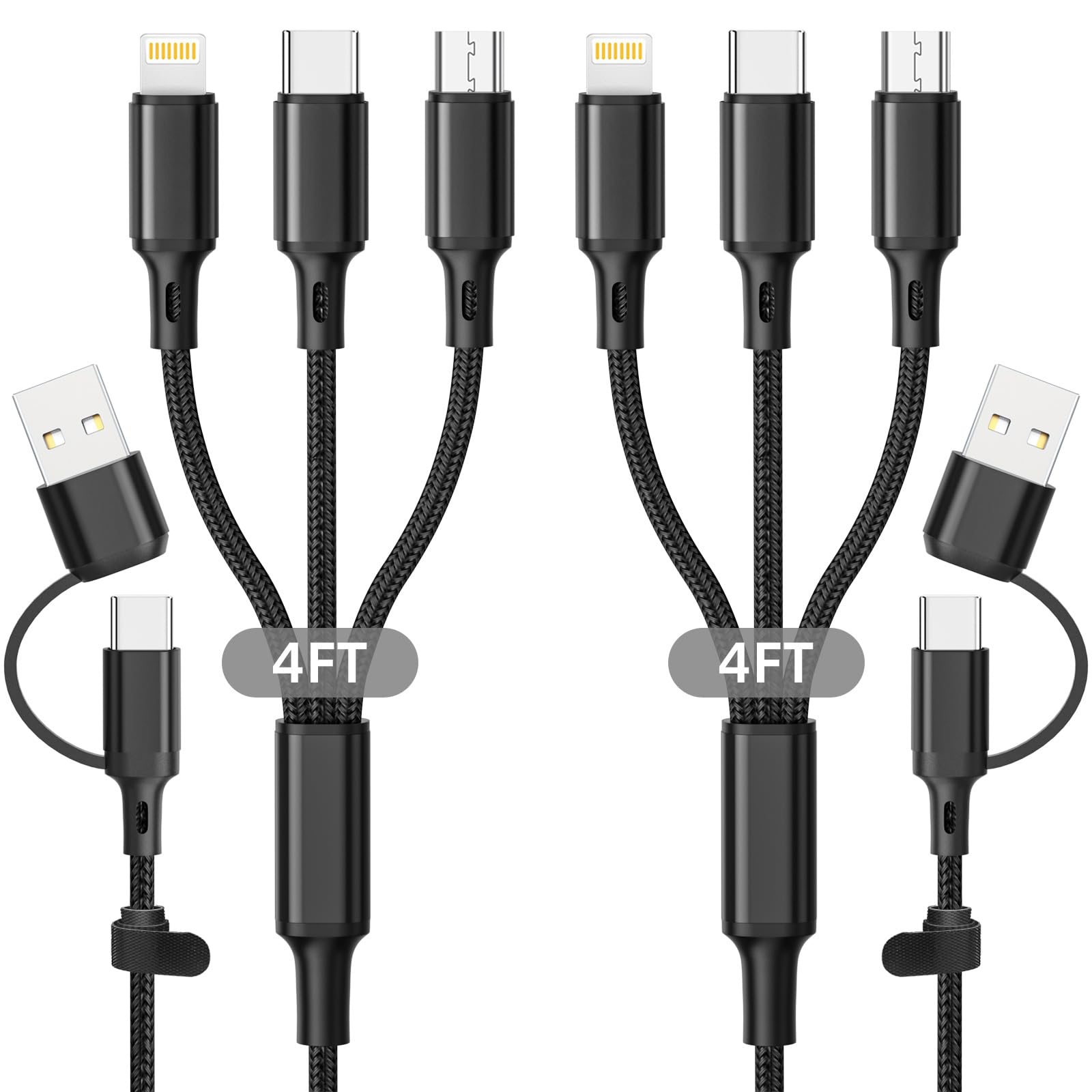 6-in-1 Multi Charging Cable 2 Pack (4ft) - USB A/C to USB C/Micro USB/Lightning Connector - Nylon Braided Universal Phone Charger Compatible with iPhone 15/14/13, Samsung Galaxy S23/S22 - Fast Charging Cord for Home, Office & Travel (Black)