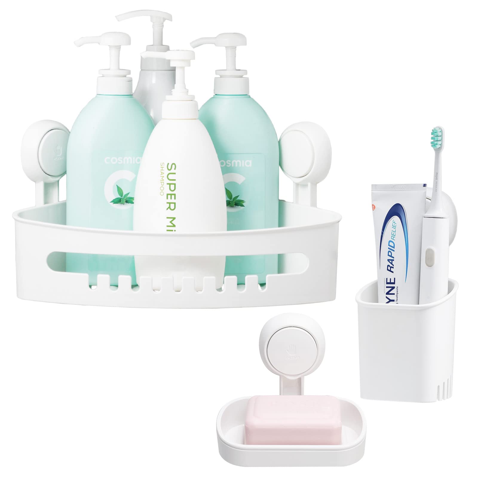 TAILI Corner Shower Caddy with Suction Cup Storage Basket - No Drill Removable Shower Organizer Set with Toothbrush Holder & Soap Dish - Perfect for Bathroom, Kitchen & Bedroom Organization