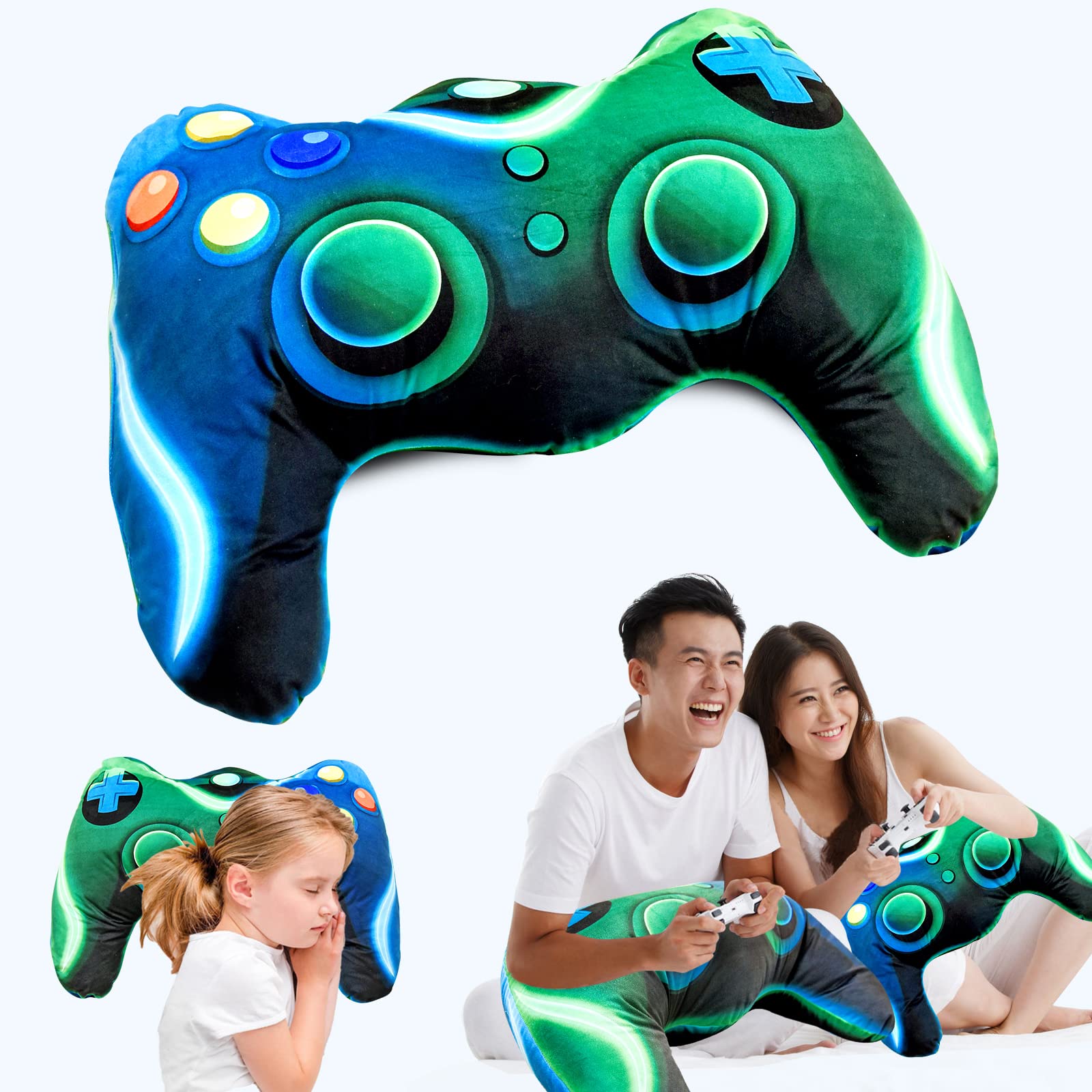 Gaming Plush Throw Pillow - Controller Shaped Cushion for Boys & Girls | Gamer Room Decor, Sofa, Bed, Computer Chair Accessory | Perfect Gift for Teen Gamers (Blue Green, Large) - Ideal for Gaming Rooms, Sleepovers & Esports Themed Parties