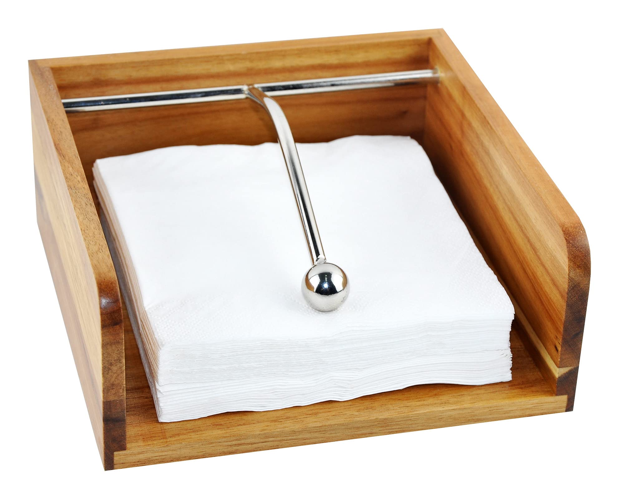 Spiretro Cocktail Paper Napkin Holder - Decorative Beverage Napkin Caddy with Metal Center Bar, Solid Acacia Wood Grain for Kitchen & Dining Countertop - Rustic Natural Brown - Perfect for Home Bars, Dinner Parties & Wedding Receptions