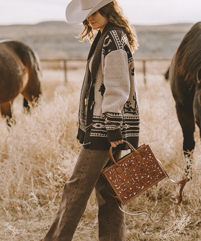 Trinity Ranch Genuine Leather Tooled Tote Bag - Western Style Handbag for Women, Perfect for Work, Travel and Everyday Use