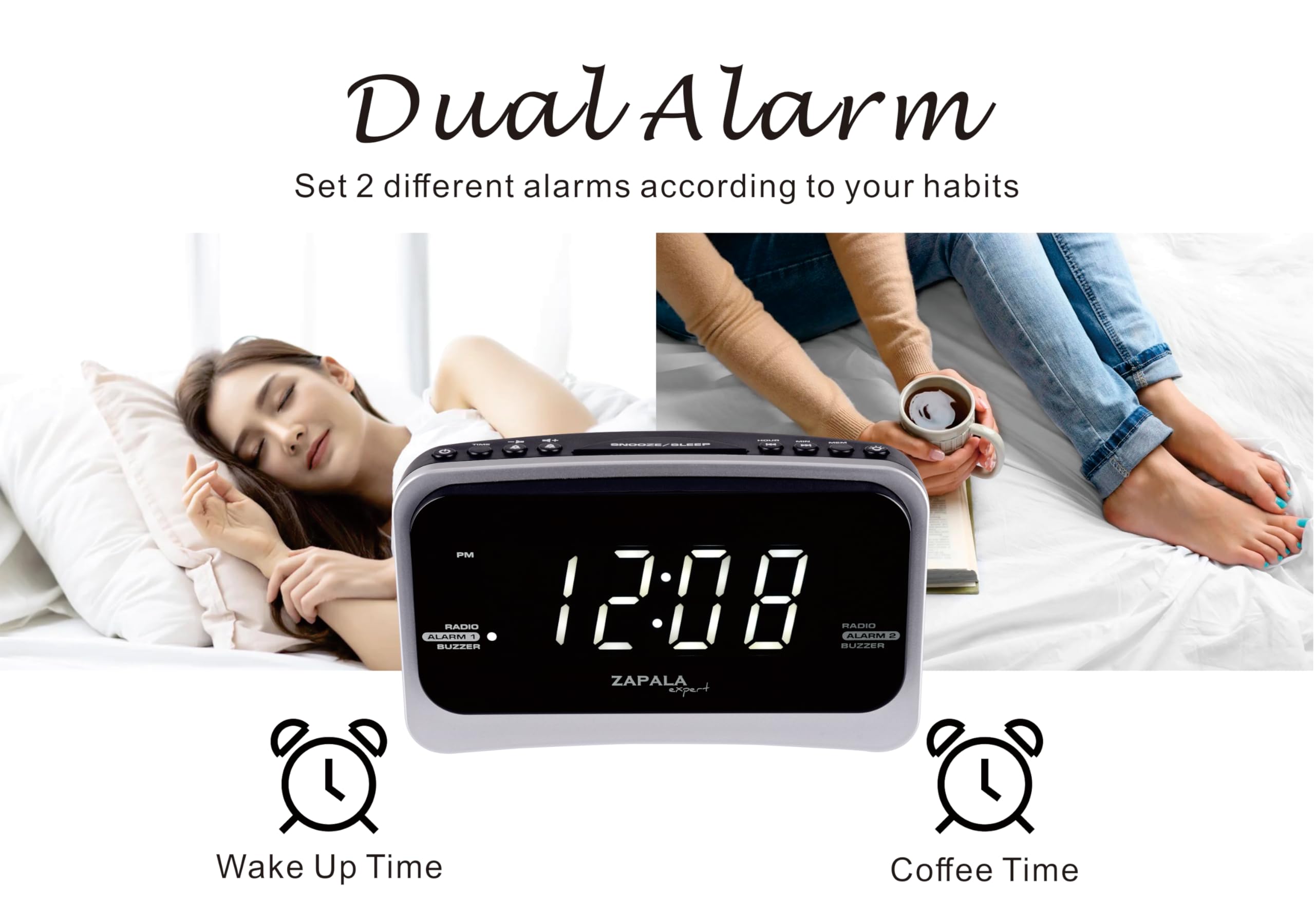 Digital Alarm Clock Radio with Big LED Display - Dual Alarms, USB Charging Port, Adjustable Volume & Dimmable Light for Bedroom | Perfect for Deep Sleepers, Kids & Home Office Use
