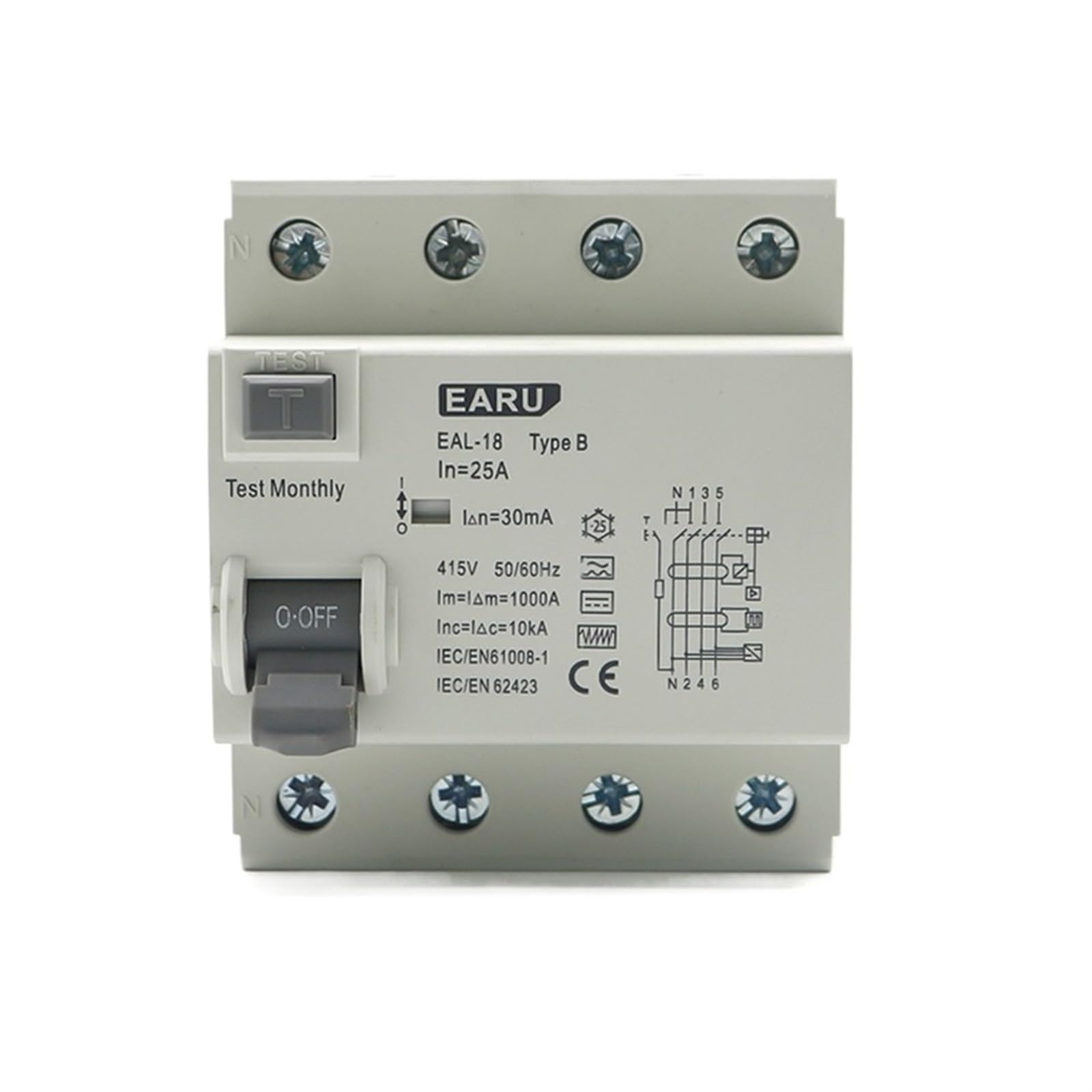 4P 10mA-300mA Type B RCCB RCD 63A 6KA DIN Rail EV Charger Residual Current Circuit Breaker for Electric Vehicle Charging Stations - Home, Commercial & Public Use
