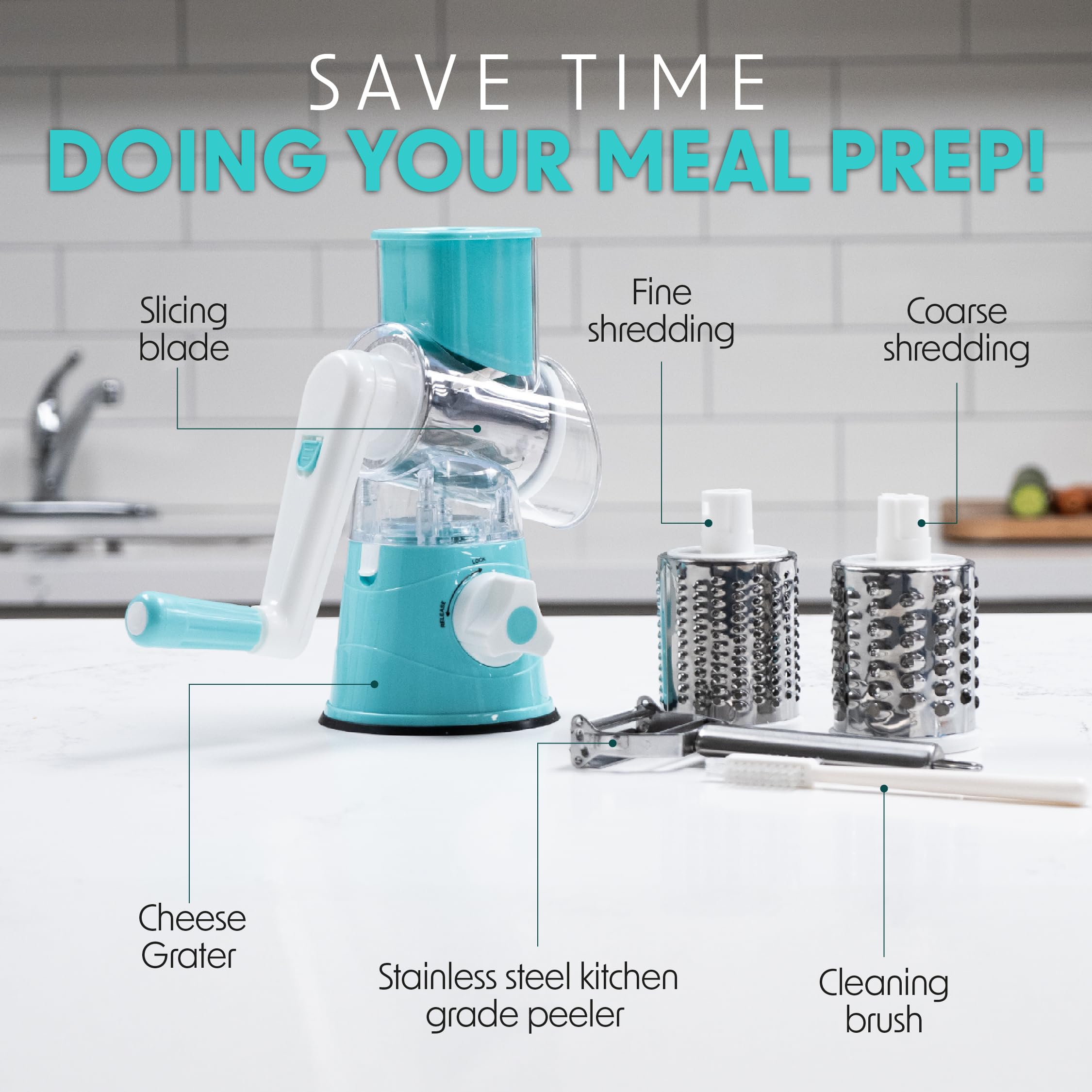 Stainless Steel Rotary Cheese Grater - Hand Crank Kitchen Gadget for Shredding Cheese, Fruits & Vegetables - Includes Brush & Peeler - Perfect for Salads, Pasta & Baking