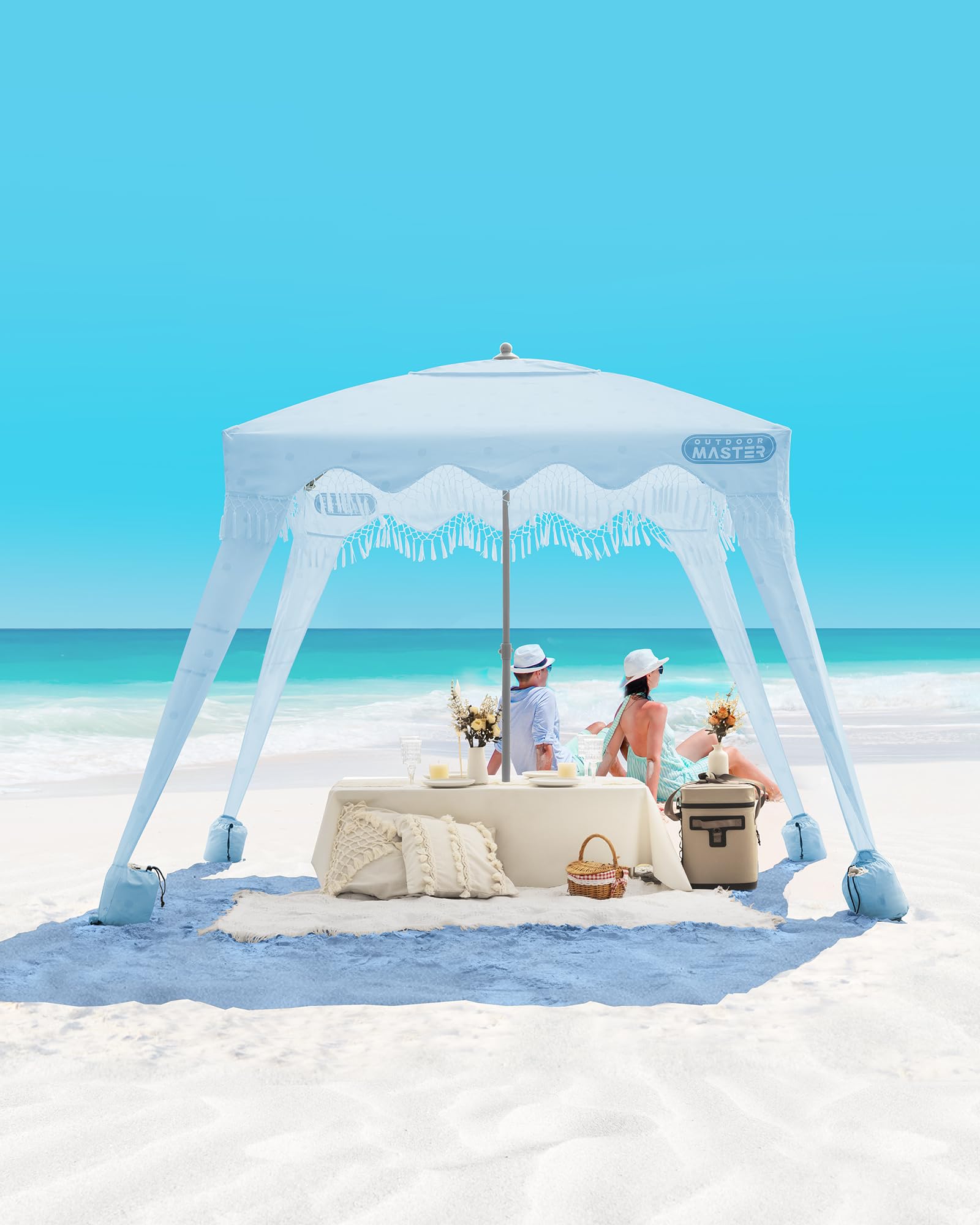 OutdoorMaster 6' x 6' Portable Beach Cabana with Fringe & Side Wall - UPF 50+ UV Protection Sun Canopy for Family, Kids & Friends - Easy Setup Beach Shelter for Picnics, Camping & Outdoor Activities - Wave Point Design
