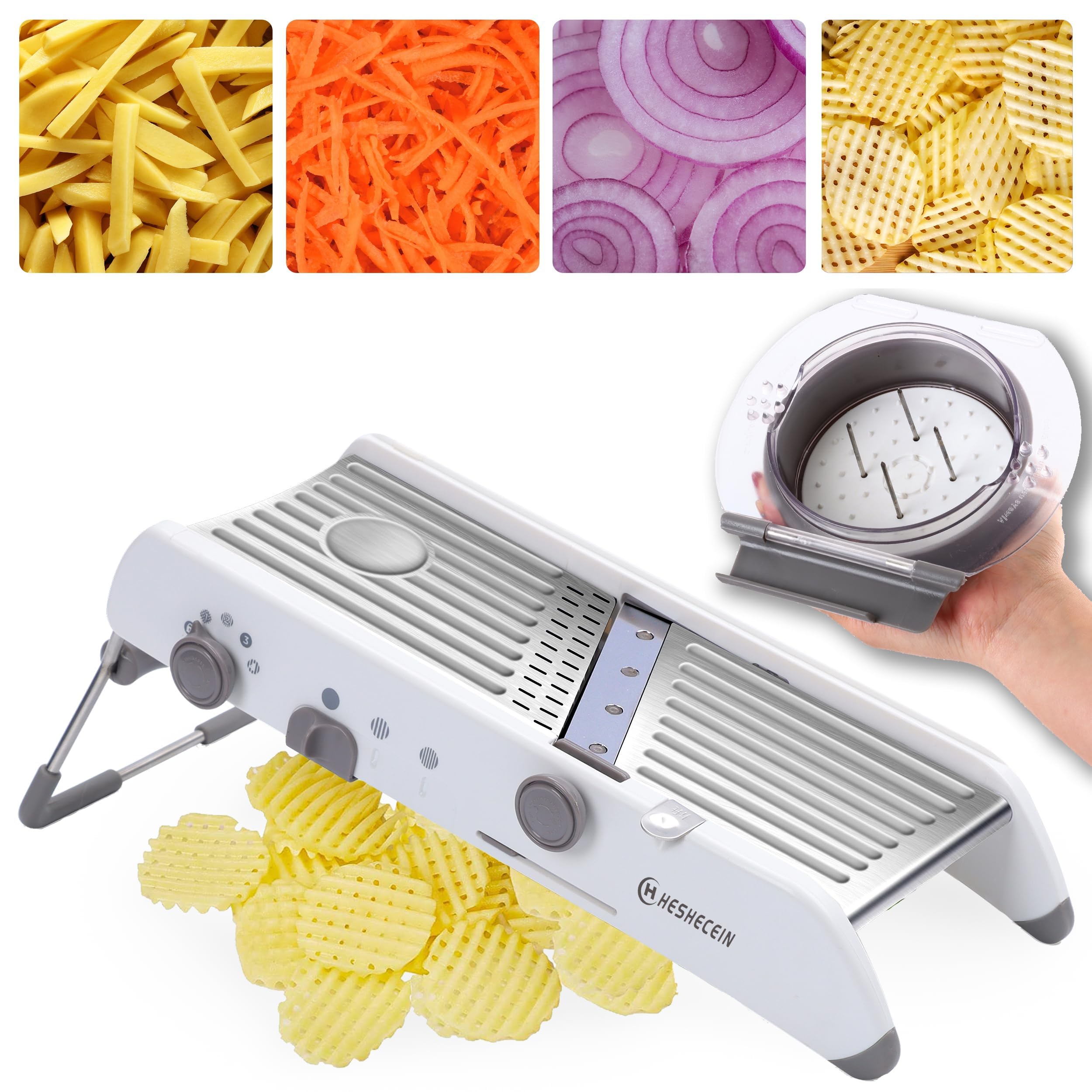 Adjustable Mandoline Slicer - Stainless Steel Vegetable & Fruit Slicer with 5 Blades | Kitchen Chopper for Potato, Onion, Carrot | Includes Waffle & French Fry Cutter | Perfect for Meal Prep, Salad Making & Healthy Cooking (White)