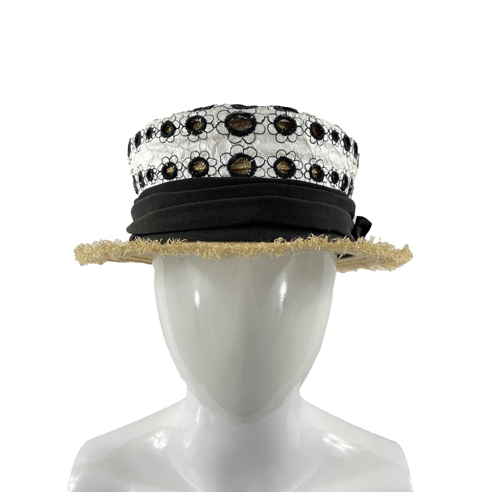 CHANEL Woven Straw Ribbon CC Embroidered Spring Summer Boater Hat - Size M | Fashionable Sun Protection for Beach, Garden & Outdoor Activities