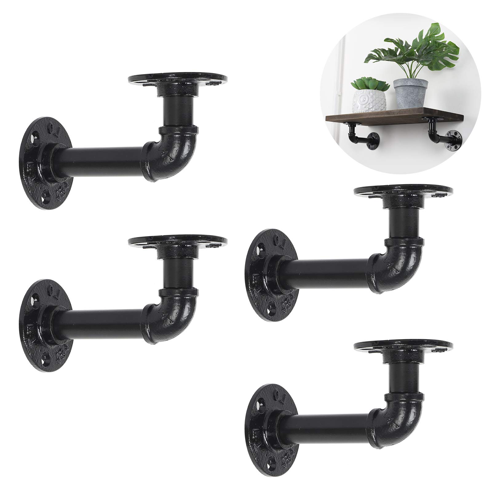 MOOACE 4 Pack Black Industrial Pipe Shelf Brackets - Heavy Duty Rustic Iron Floating Shelves Support for DIY Wall Mount - Perfect for Home Office, Living Room, Kitchen & Bathroom Storage Organization