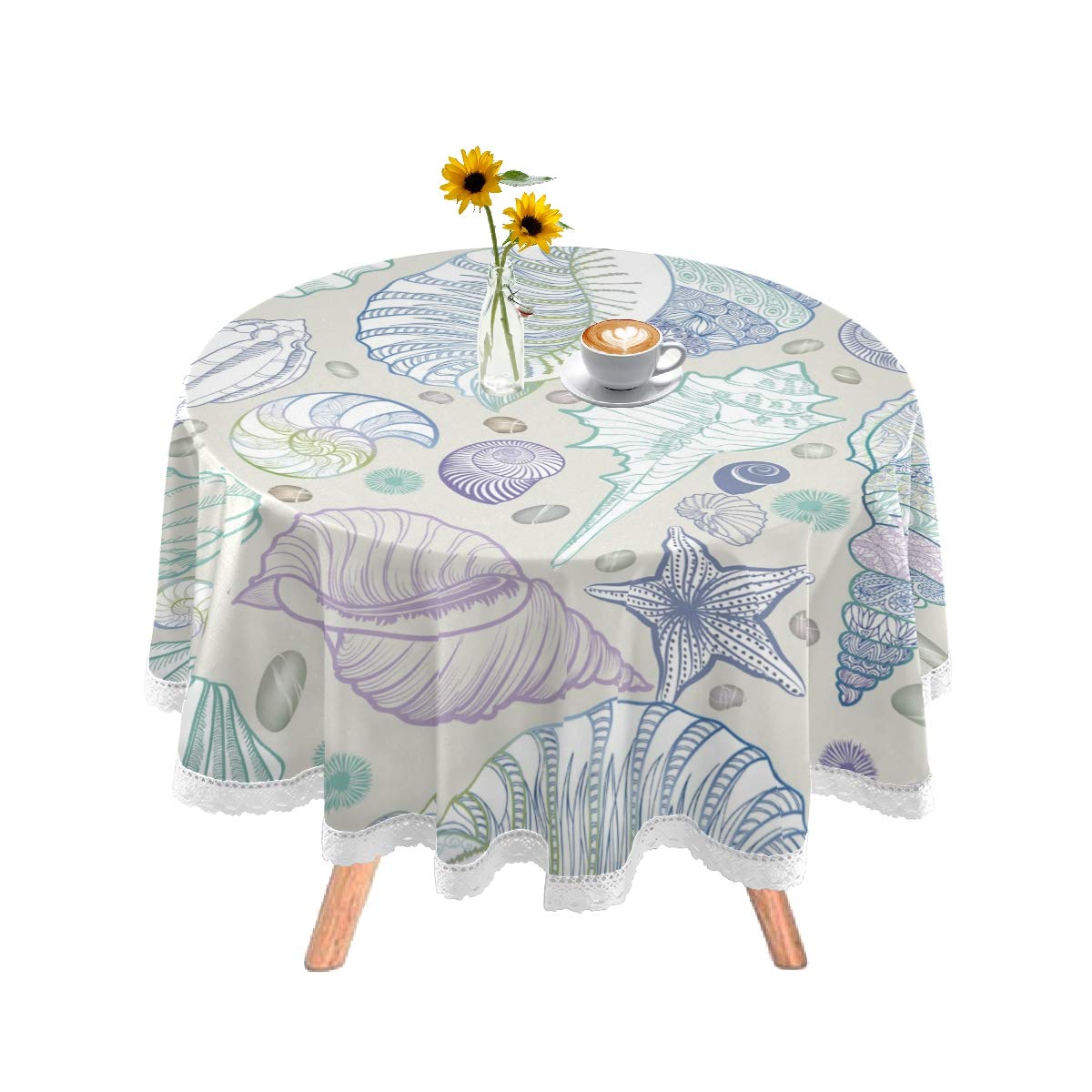 DOMIKING 60 Inch Round Tablecloth - Washable Polyester Seashell Pattern Table Cover for Holiday Dinners, Parties, Weddings & Outdoor Events