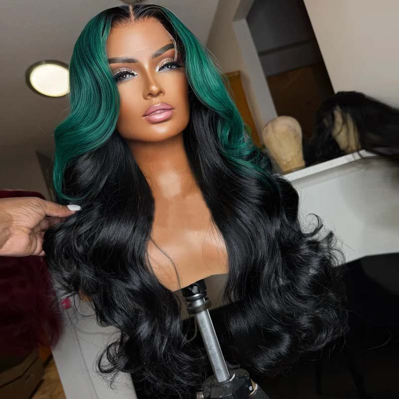 Eullair Ombre Dark Green Black Body Wave Lace Front Wig 1B Roots Pre-Colored Human Hair Lace Wig for Women - Perfect for Cosplay, Parties & Daily Styling (EW013)