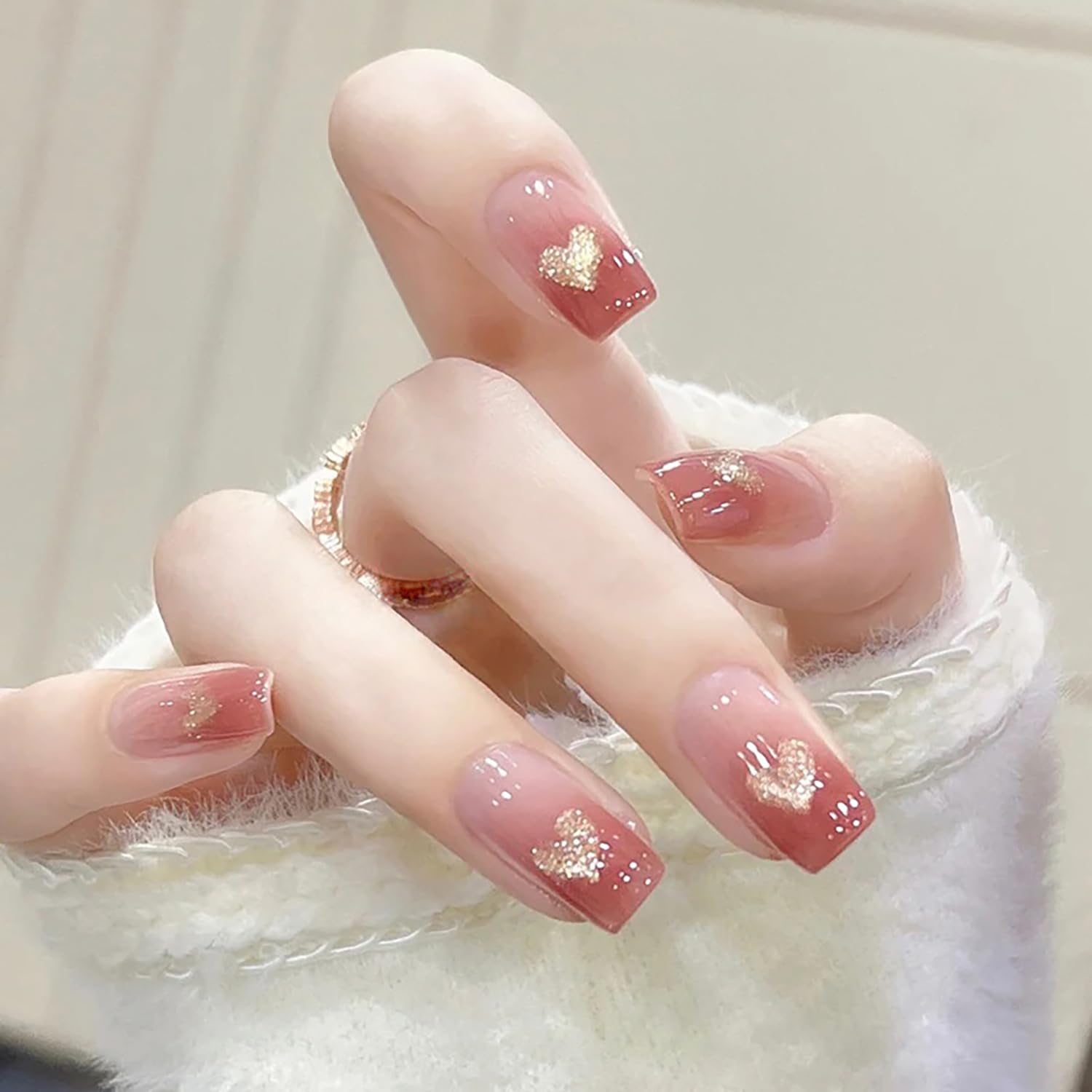 24Pcs French Tip Press On Nails - Medium Square Acrylic Fake Nails with Heart Designs & Glossy Gradient for Women | Easy Glue-On False Nails | Perfect for Parties, Weddings & Everyday Wear