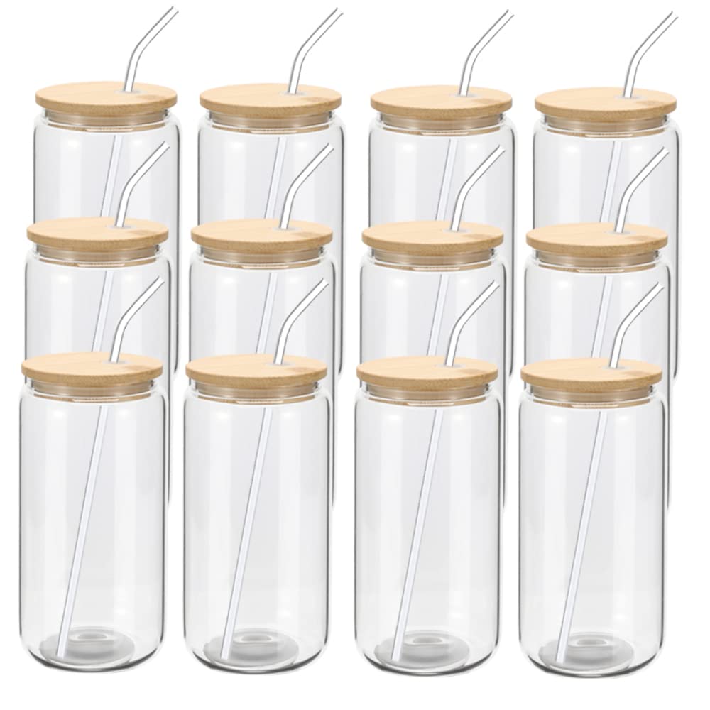 12 Pack 16oz Beer Can Shaped Glass Cups with Bamboo Lids & Glass Straws - Reusable Clear Drinking Glasses for Beer, Whiskey, Iced Coffee, Tea, Soda, Cocktail - Perfect for Home Bars, Parties, Gifts & Everyday Use