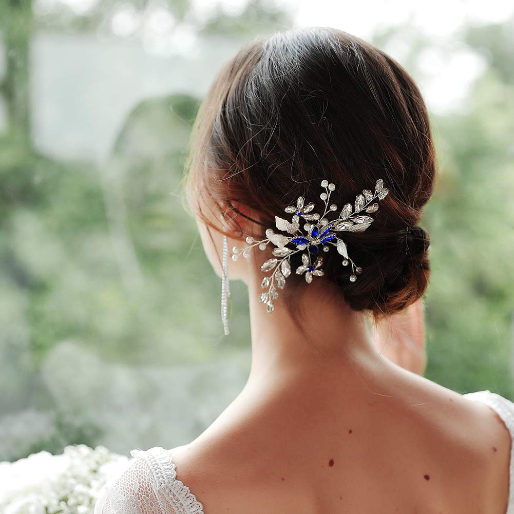 Blue Bridal Leaf Hair Comb - Handmade Wedding Tiara for Bride - Perfect for Prom & Headdress