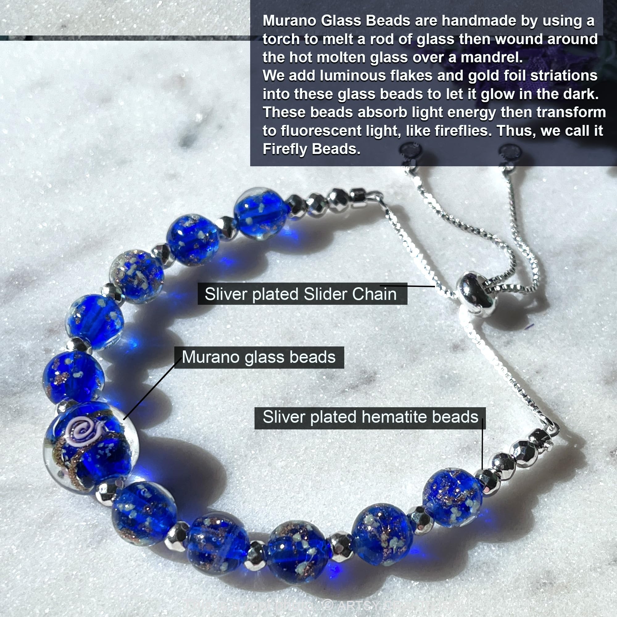 Glow in The Dark Firefly Beads Bracelet & Necklace Set - Murano Glass Crystal Birthstone Jewelry with Adjustable Slider Chain | Perfect for Night Parties, Rave Events & Unique Gifts