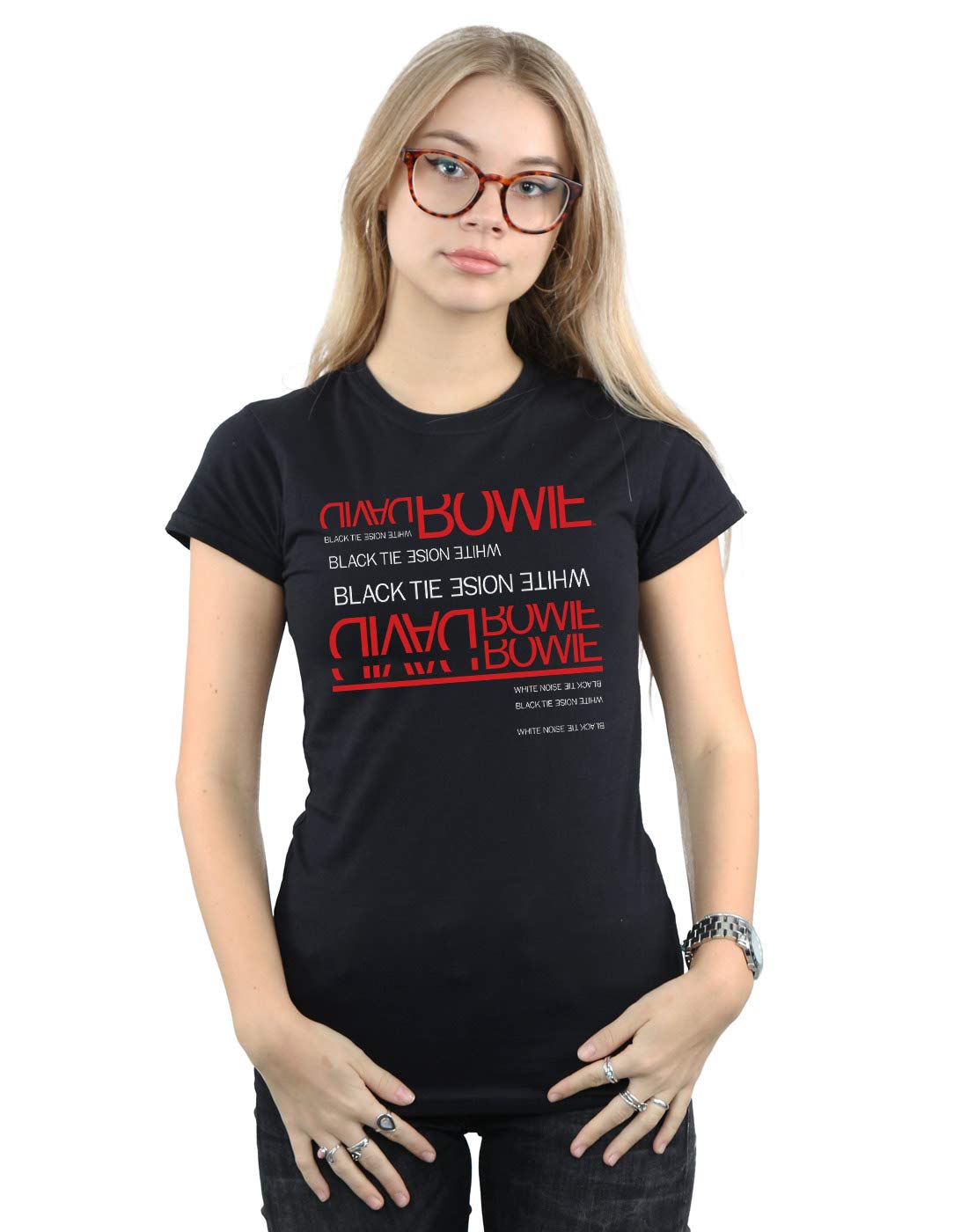 David Bowie Women's Black Tie White Noise Graphic T-Shirt | Vintage Rock Band Tee for Concerts & Casual Wear